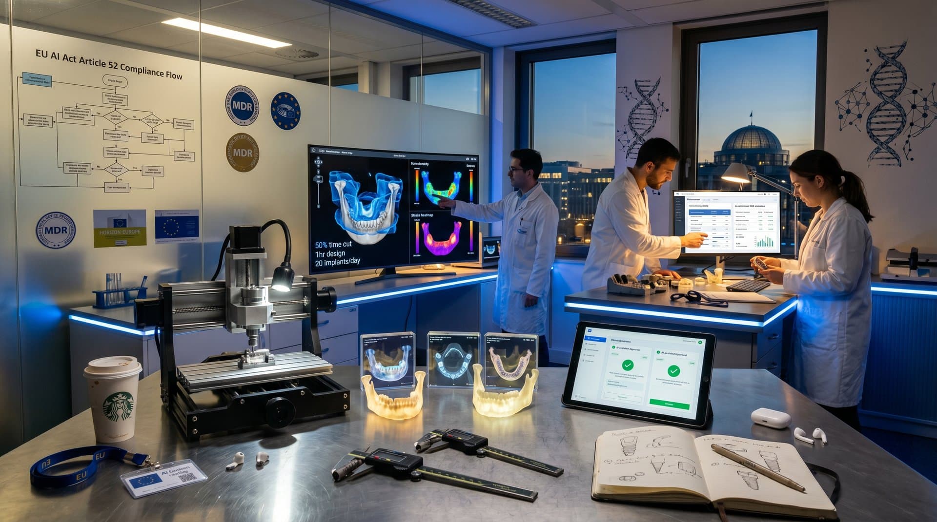European lab team analyzes AI-generated 3D dental implant designs on monitors amid holographic jaw scans and precision tools
