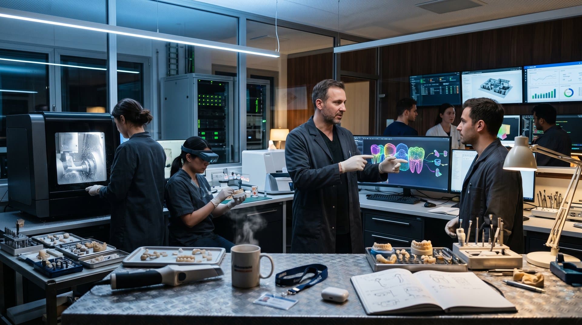 3D AI-generated dental prosthetics on lab workstation with CAD scans and milling tools