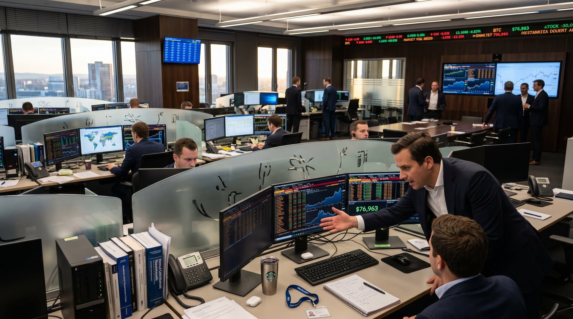 EU traders on financial floor analyzing BTC charts and MiCA regulatory data at Bloomberg terminals amid team discussions