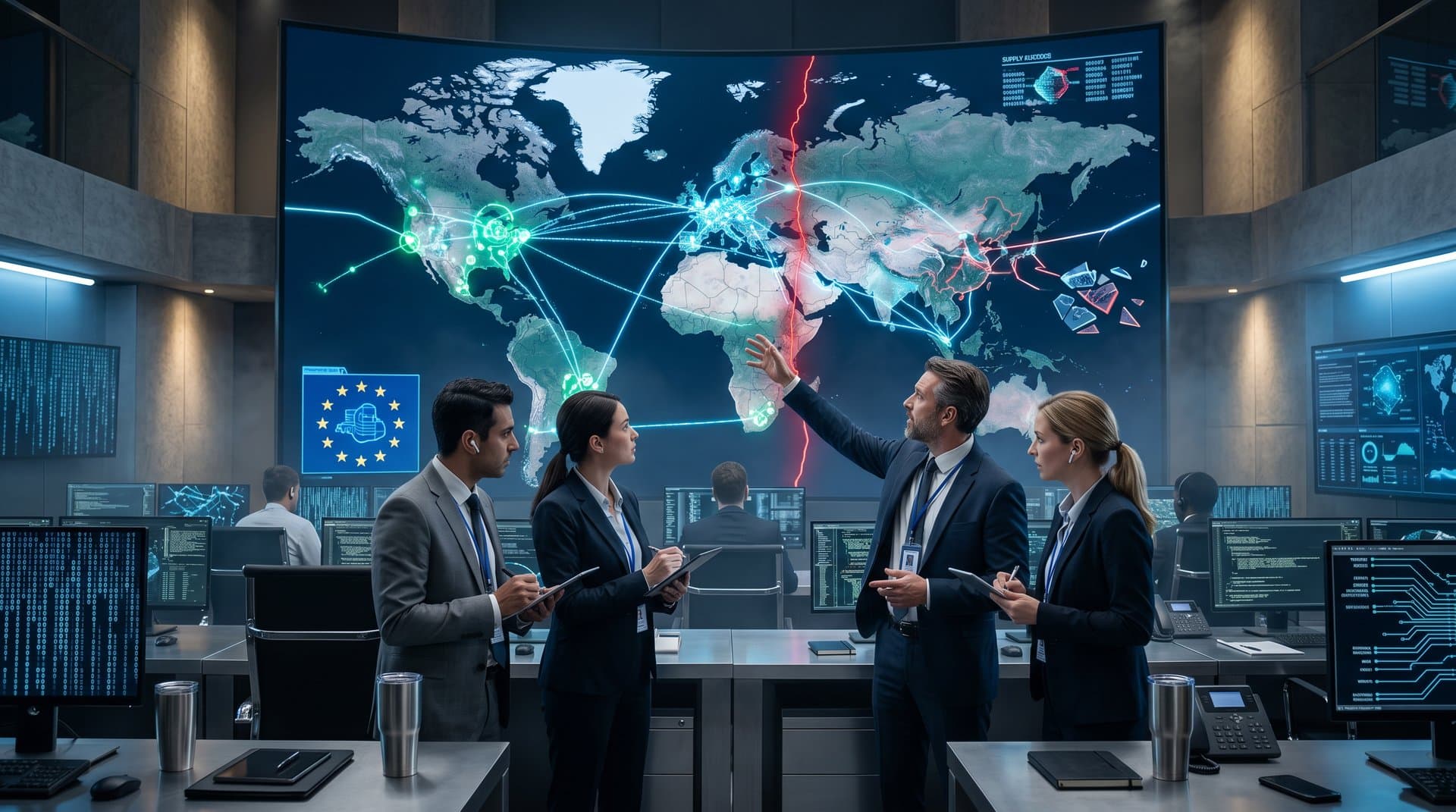 Cyberpunk map of disrupted EU AI supply chains from China Meta AI deal block with blockchain hedges