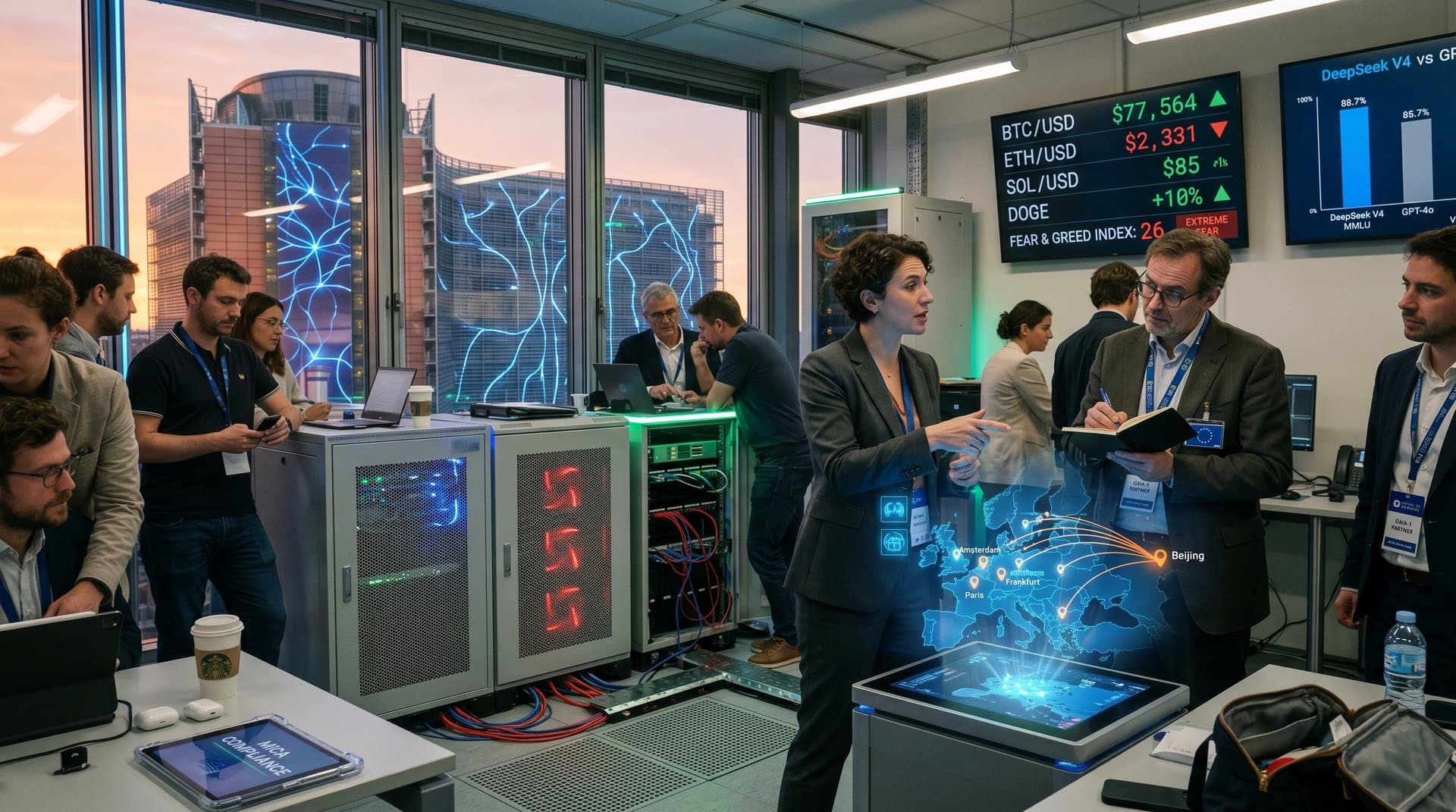 Brussels EU Commission building with AI holograms, neural networks, US-China symbols, and BTC charts overlaying geopolitical map