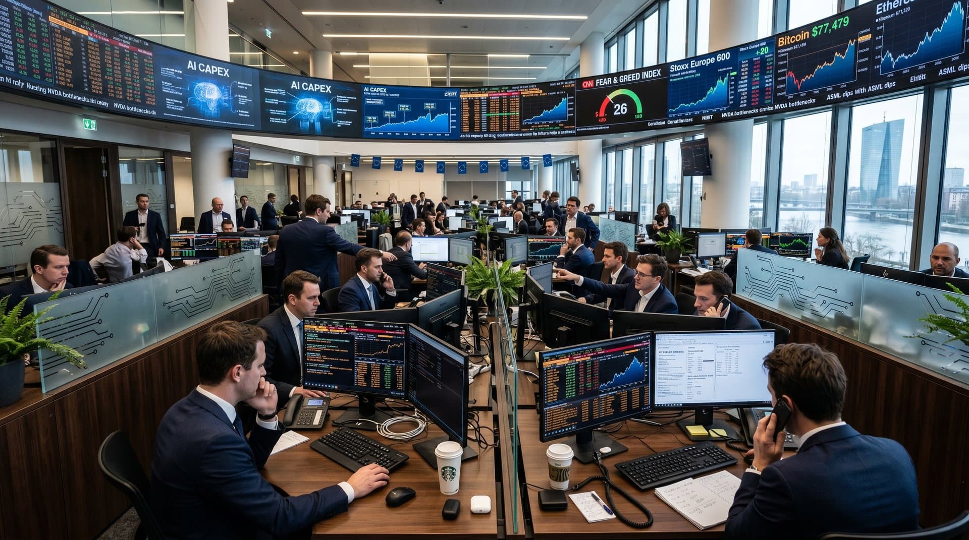 Bloomberg terminals display hyperscaler AI charts and Fear & Greed Index at 26 on modern Frankfurt trading floor