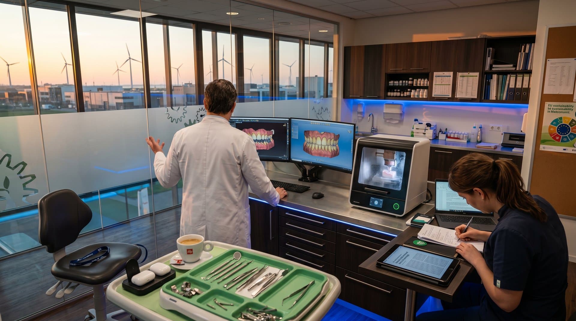 AI Dental CAD workstation in modern European clinic with 3D prosthetic models, Cureus journal, milling machine, and wind farm view