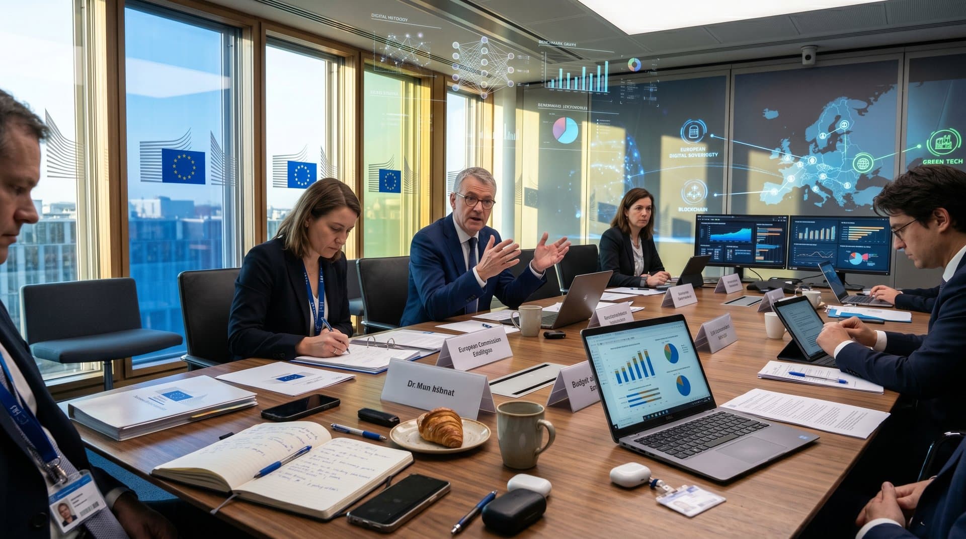 EU policy room with AI benchmark charts on monitors amid discussions on sovereignty strategy