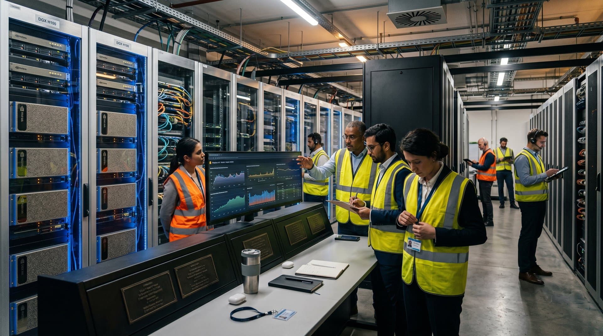 Engineers monitoring GPU servers and AI benchmark screens in secure Frankfurt data center