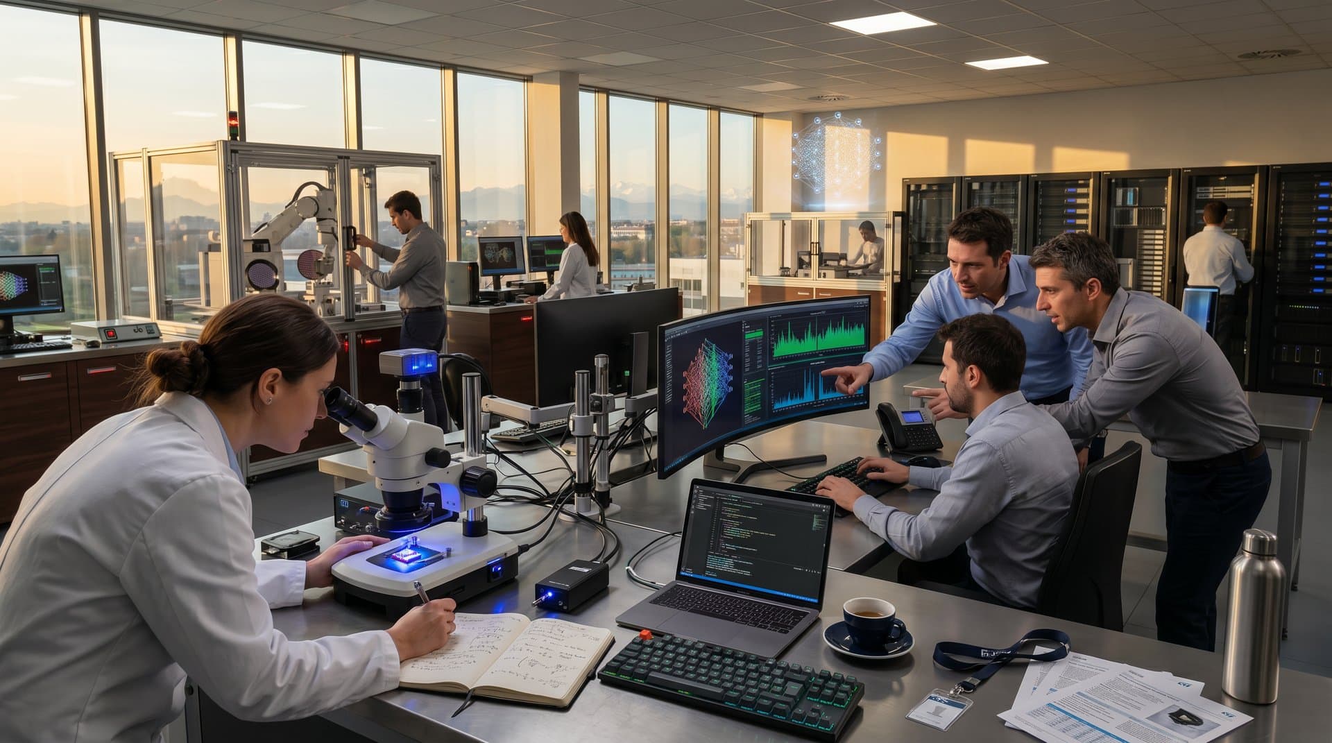 Italy edge AI chips prototype in STMicroelectronics lab with monitors and tech equipment
