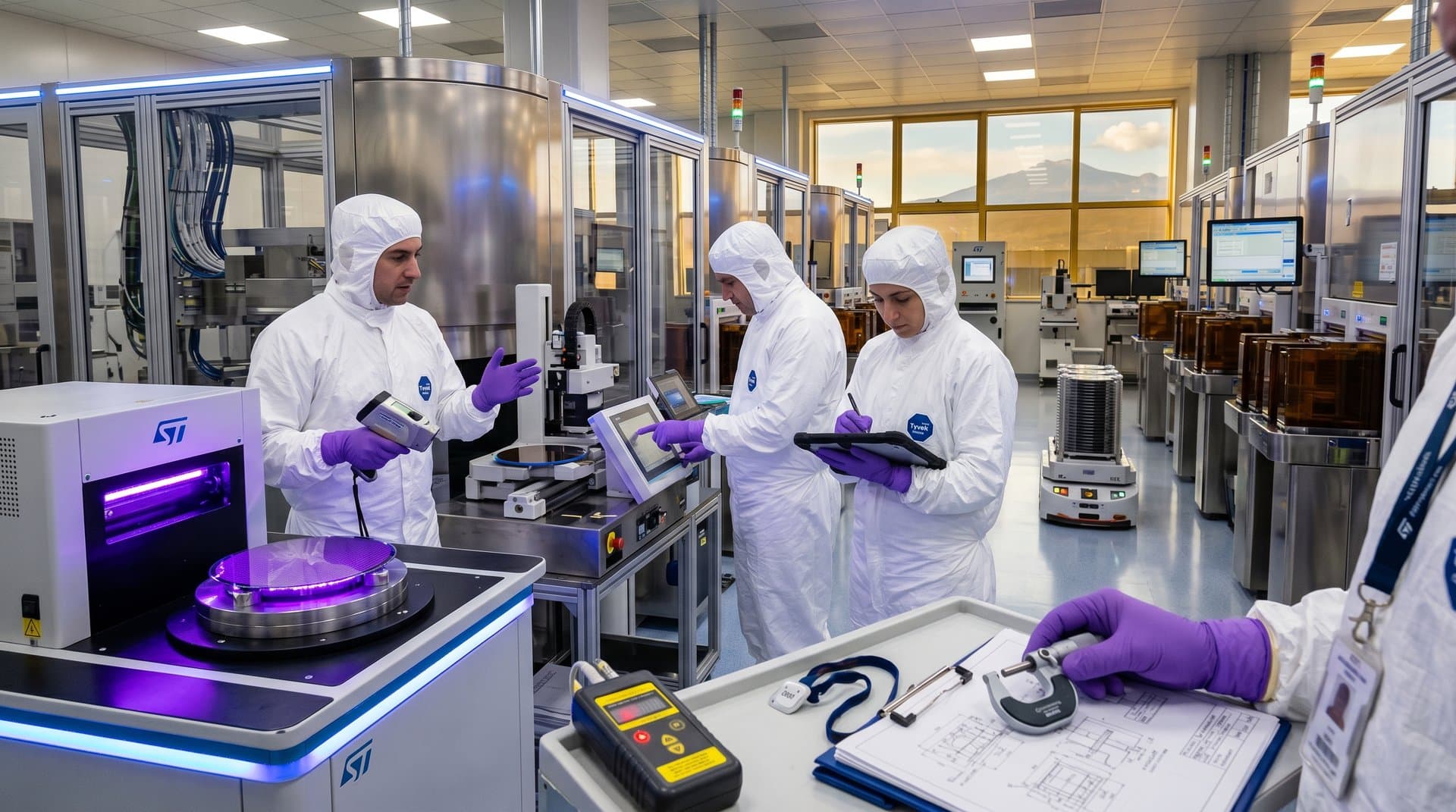 Engineers handling silicon wafers for Italy AI chips production at STMicroelectronics Catania facility under UV lights