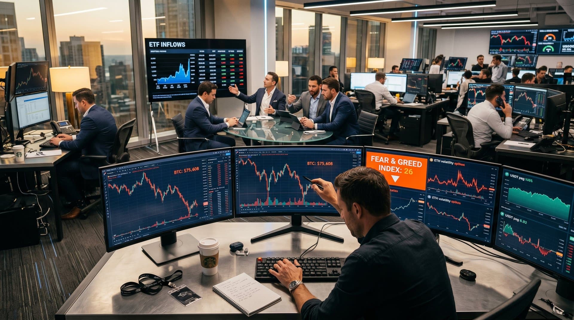 Trader at finance desk analyzes falling crypto charts on multi-monitors with colleagues nearby