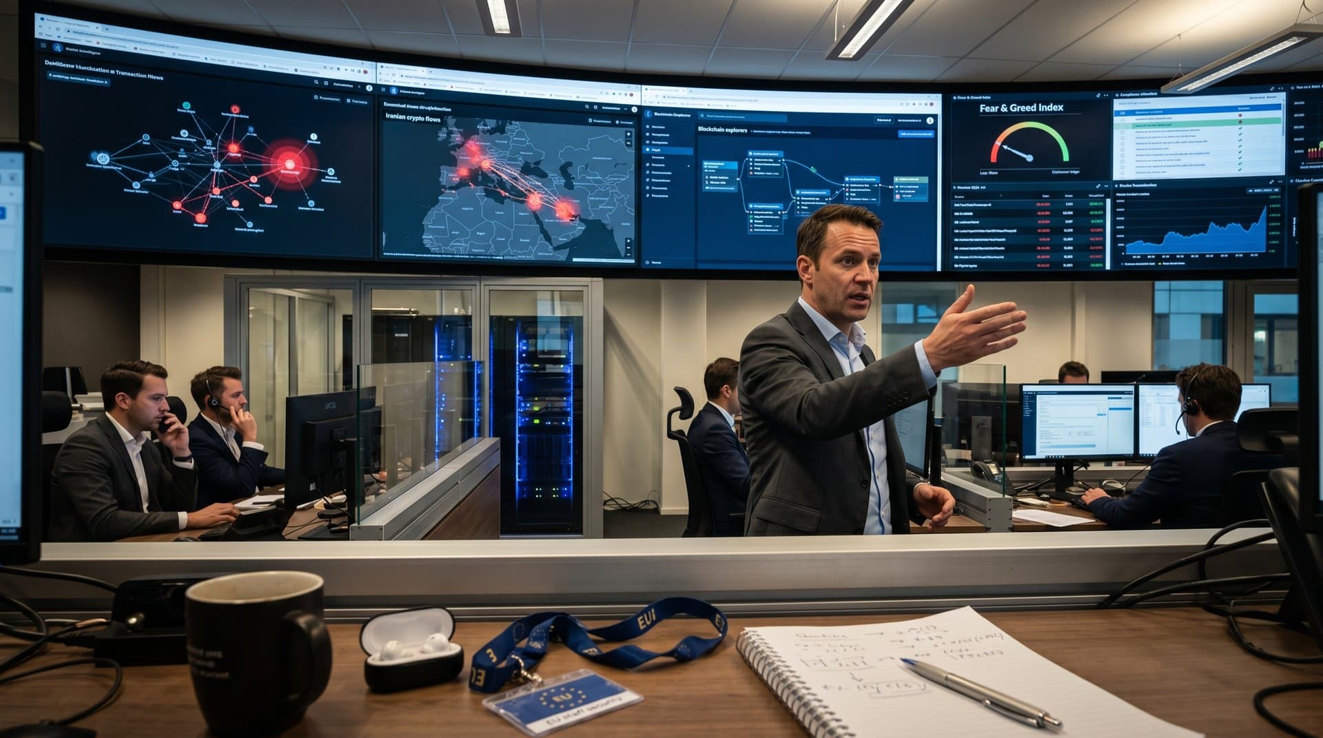 EU Commission analysts monitor blockchain screens for crypto sanctions evasion in high-tech compliance room