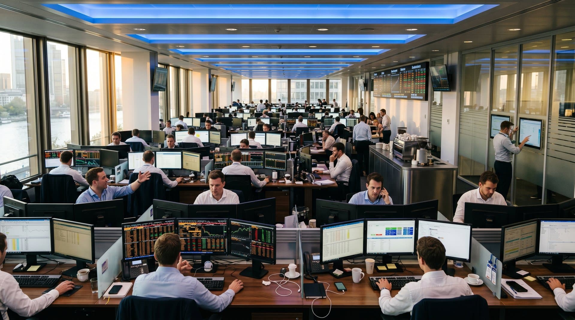 Trading floor screens show BTC and ETH crypto charts with MiCA regulatory documents in a European bank setting