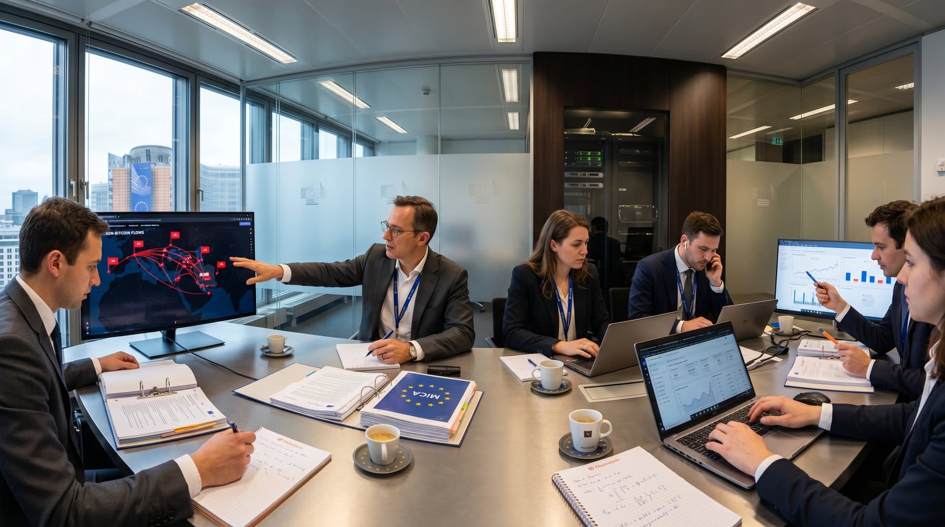 EU Commission team analyzes US-Iran crypto sanctions evasion data on blockchain graphs in Brussels compliance office