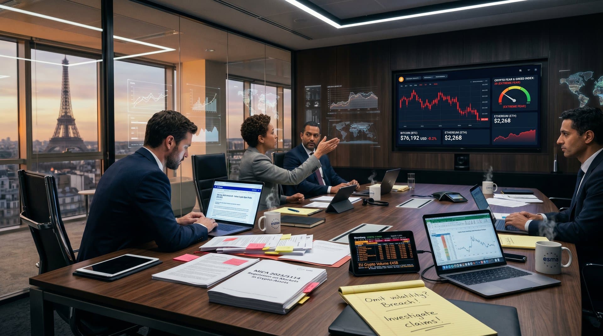 ESMA conference room with MiCA charts and crypto price screens on OLED displays amid professional regulatory setup
