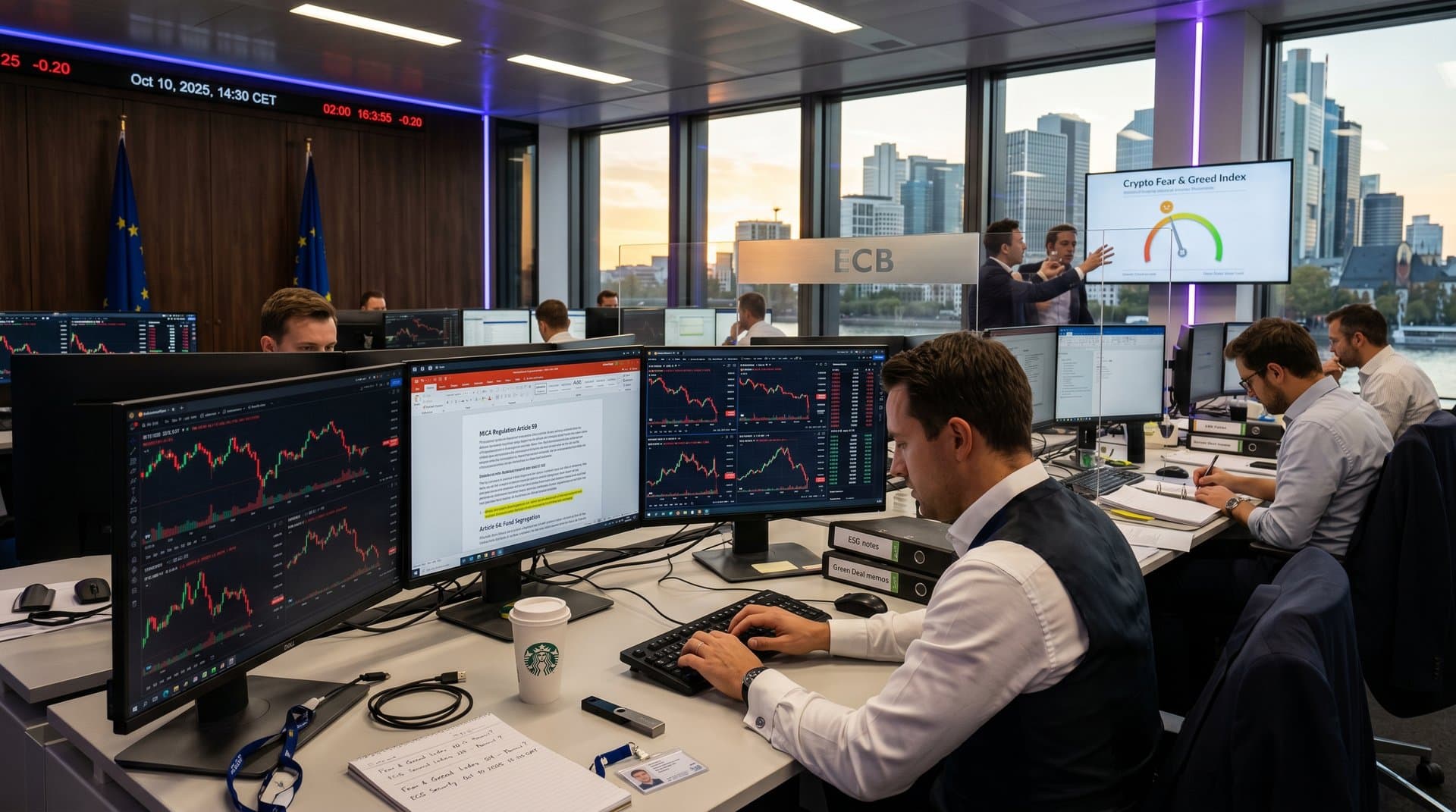 Frankfurt traders monitor Bitcoin at $75,741, crypto prices, Fear & Greed Index, and MiCA docs on screens with Main River skyline