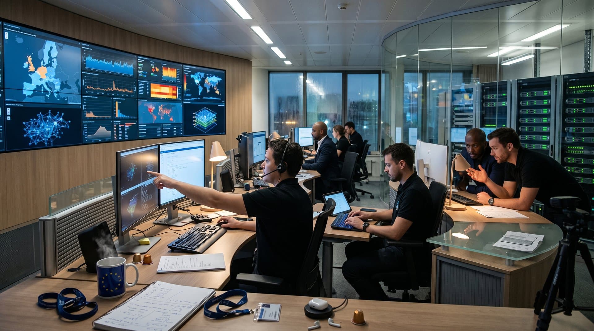 Cyber operations center monitoring EU threat maps and crypto blockchain flows