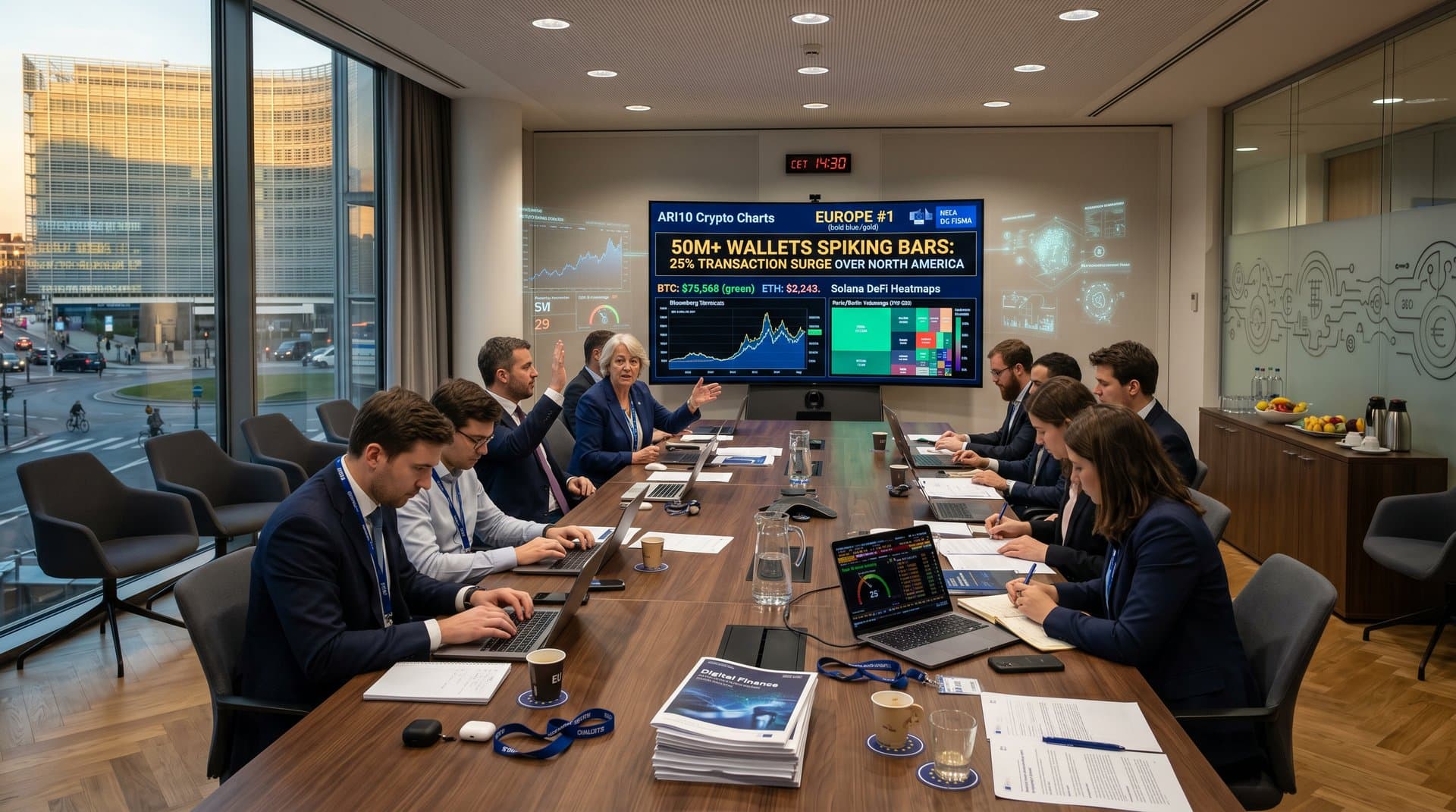 Brussels conference room screens show ARI10 cryptocurrency adoption study charts, Europe #1 ranking, Bitcoin $75,568, MiCA data amid policy documents