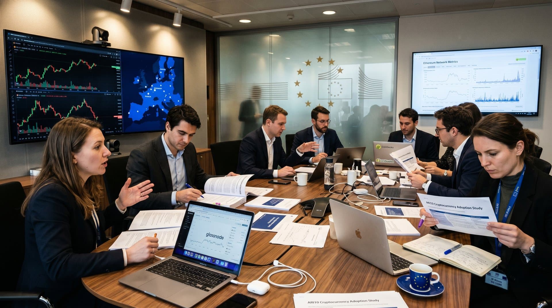 Crypto price charts and MiCA reports on screens in modern EU-style briefing room with data visualizations and maps