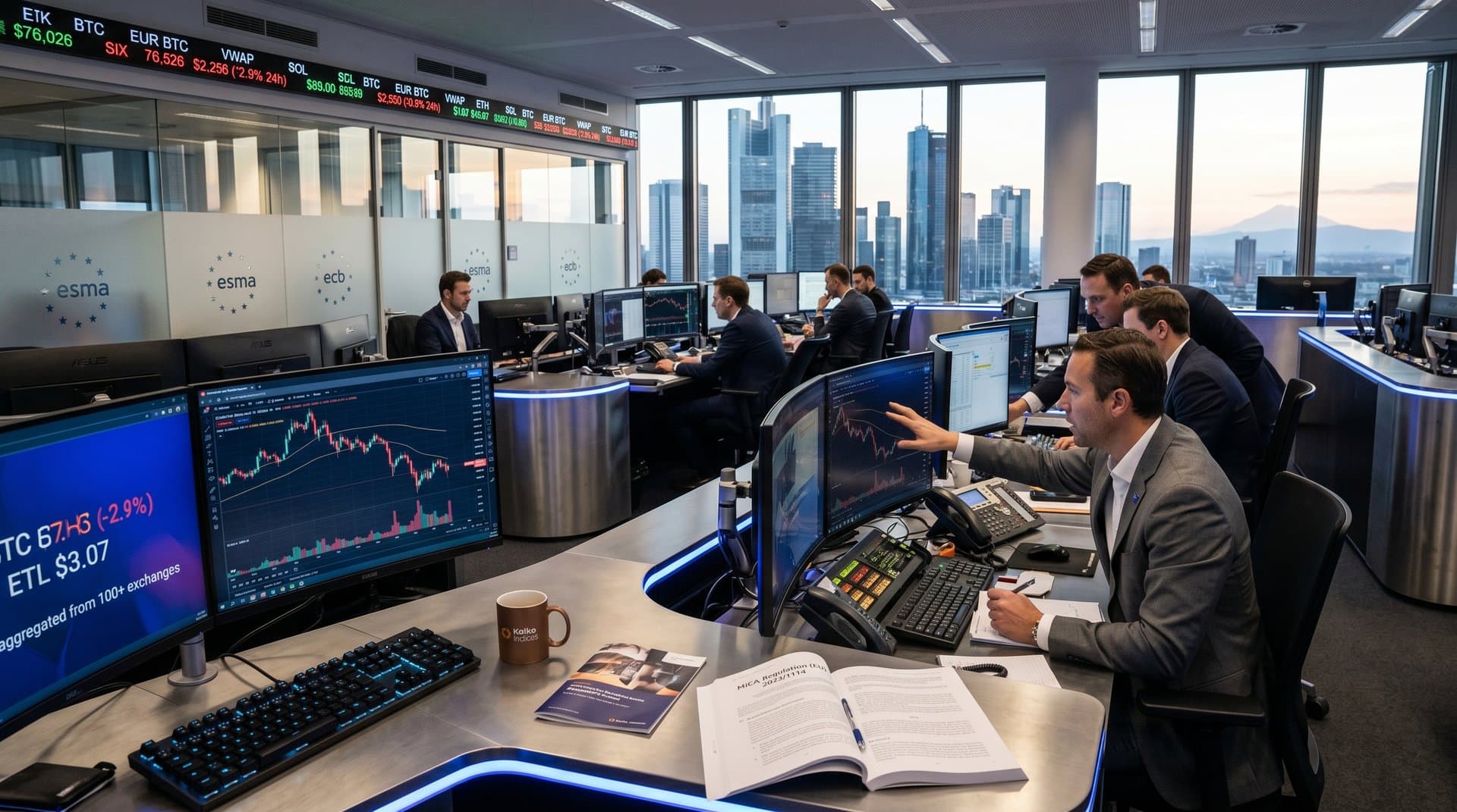 European trading floor with crypto ETP charts on monitors, Kaiko-branded elements, and MiCA documents