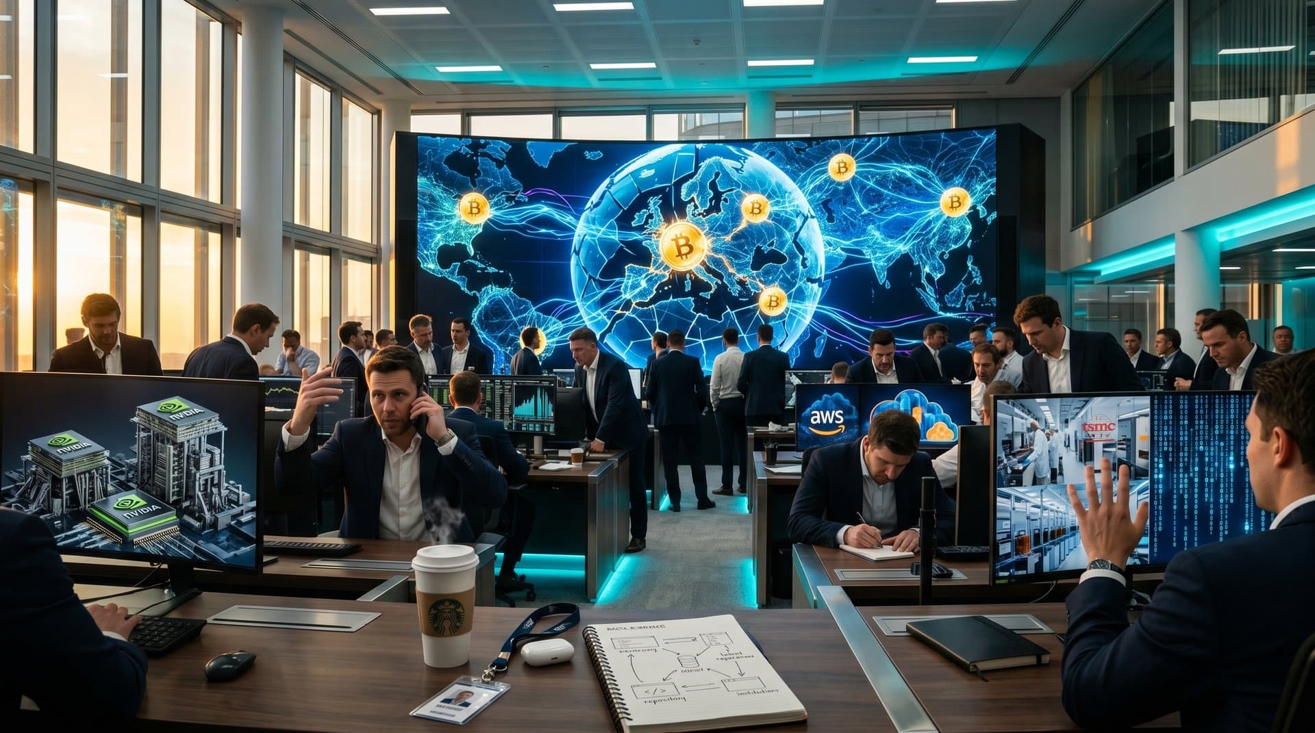 Abstract globe cracking with AI networks and Bitcoin symbols emerging, symbolizing borderless tech