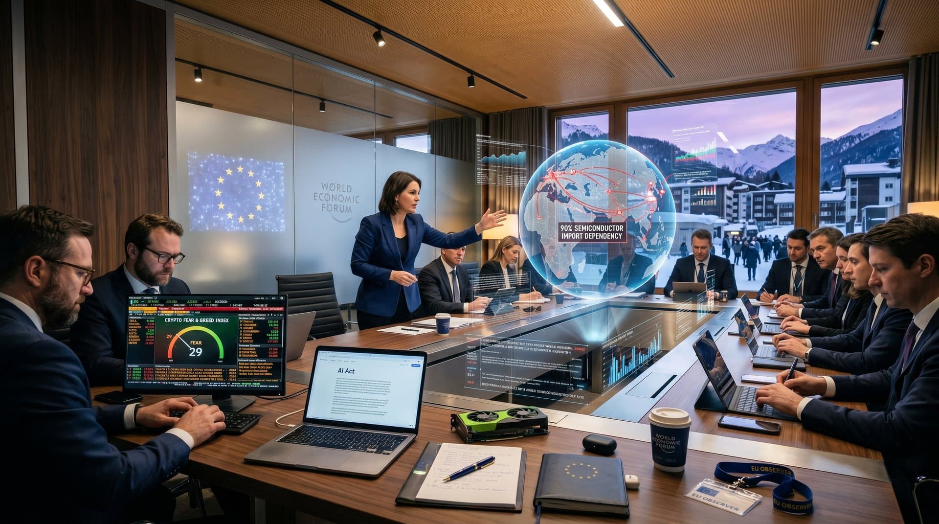 Holographic AI sovereignty myth chart and Crypto Fear & Greed Index at 29 on Bloomberg terminal in Davos WEF conference room with Alps view