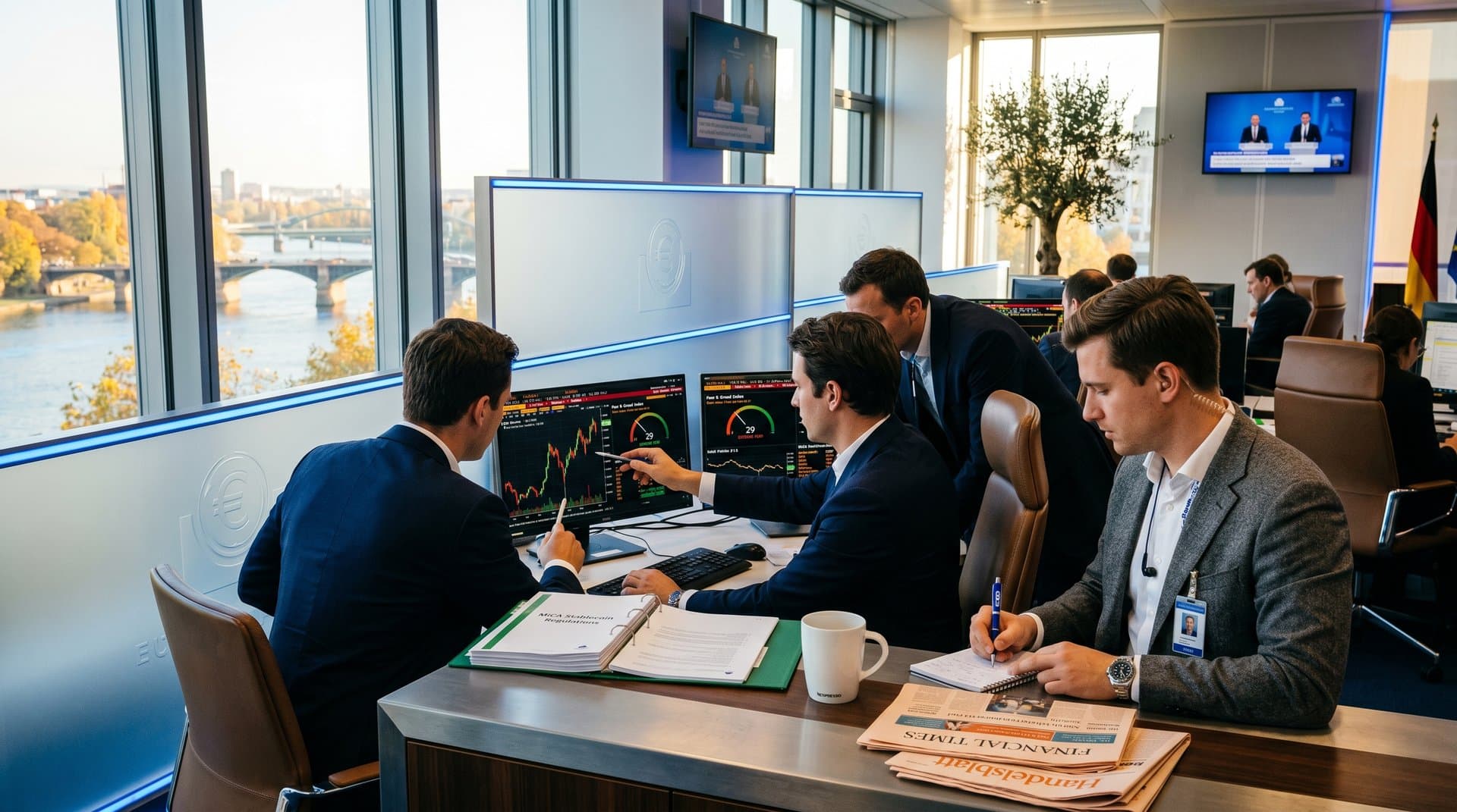 ECB briefing room with Bloomberg terminals showing Bitcoin at $76,514, Fear & Greed Index at 29, and MiCA documents amid Frankfurt river view