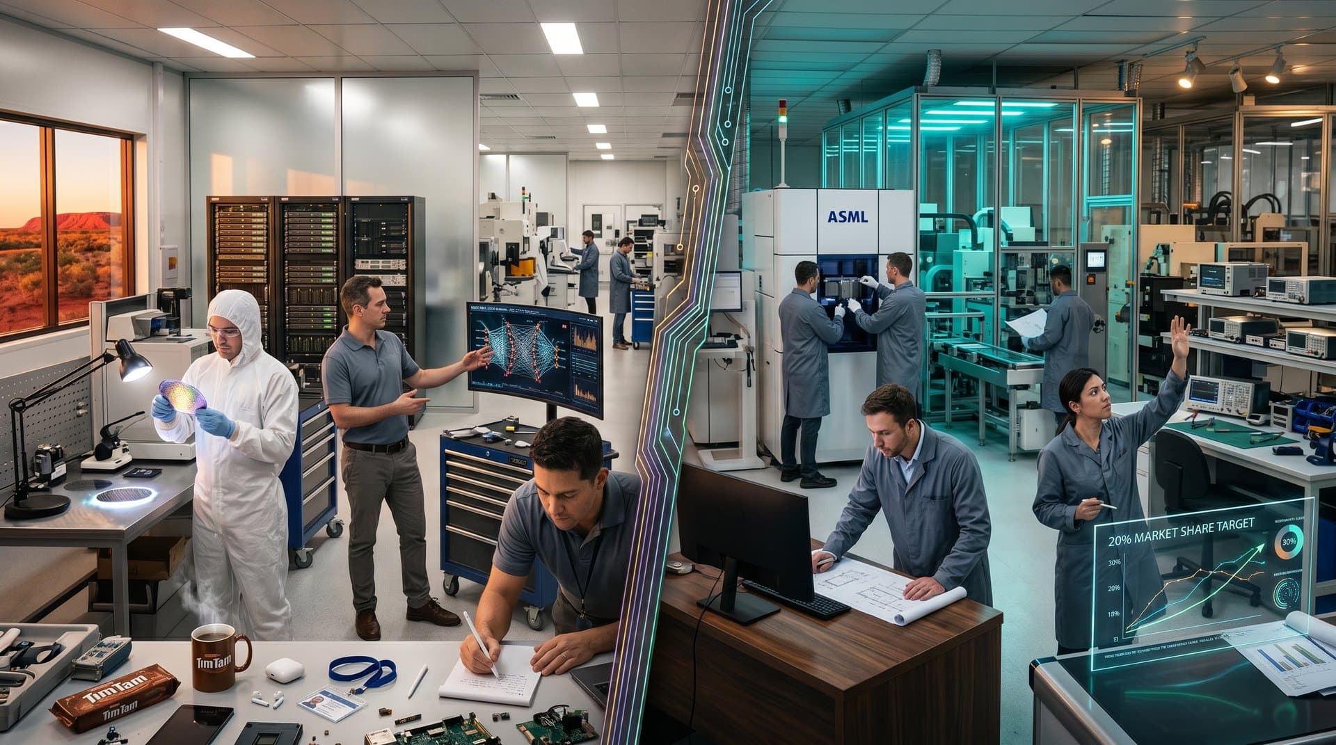 Australian and EU cleanrooms contrast in edge AI chips rivalry, wafers glowing with neuromorphic tech