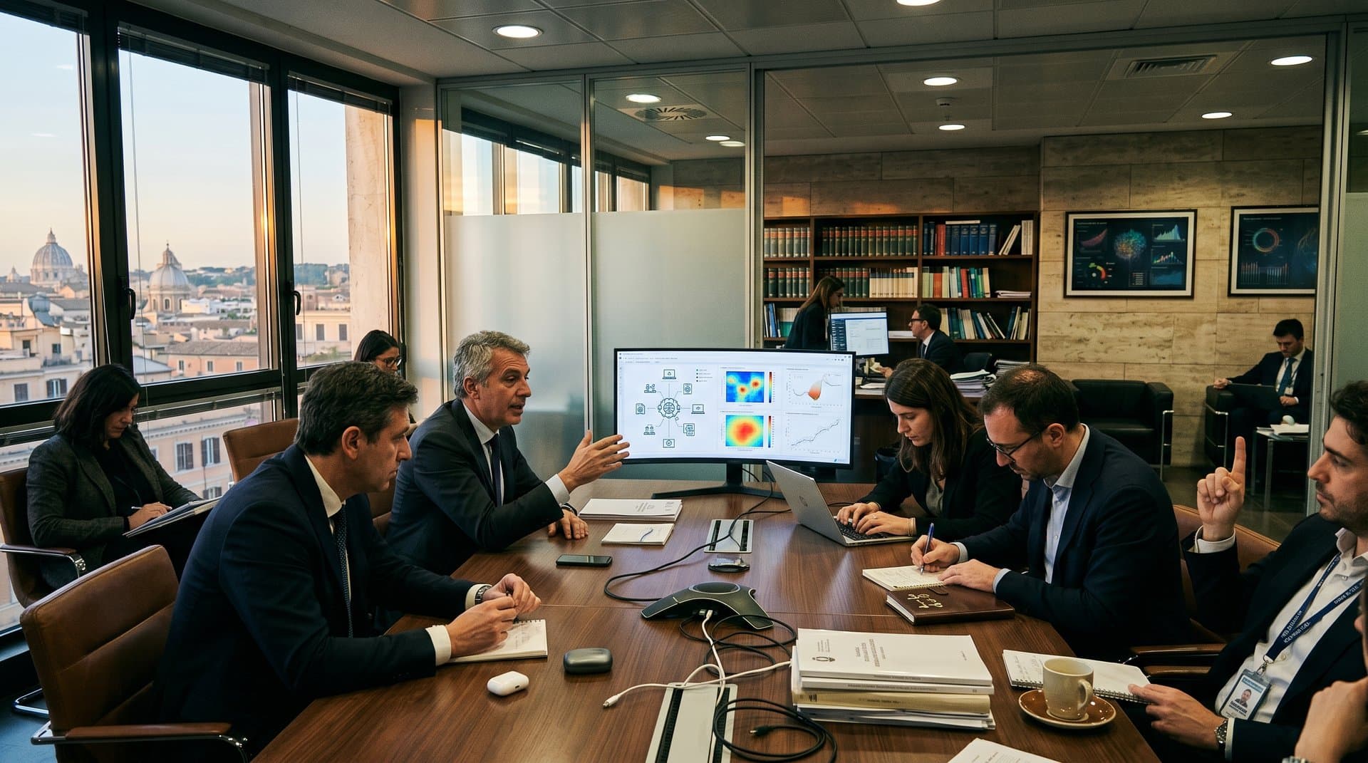Modern AGCM conference room with screens showing AI hallucination examples, EU documents, and regulatory charts