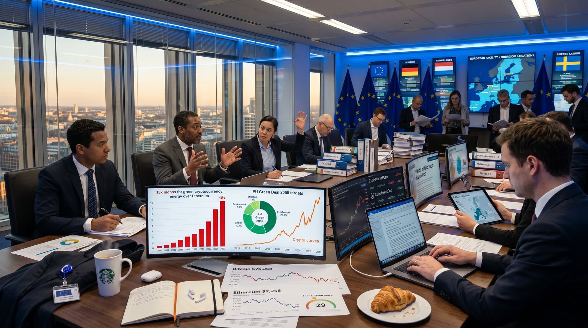 EU officials analyze green cryptocurrency energy charts and MiCA dashboards in Brussels Commission room
