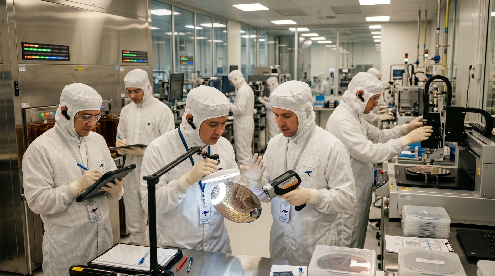 Australian cleanroom assembling edge AI chips with EU-Australia supply map and crypto charts