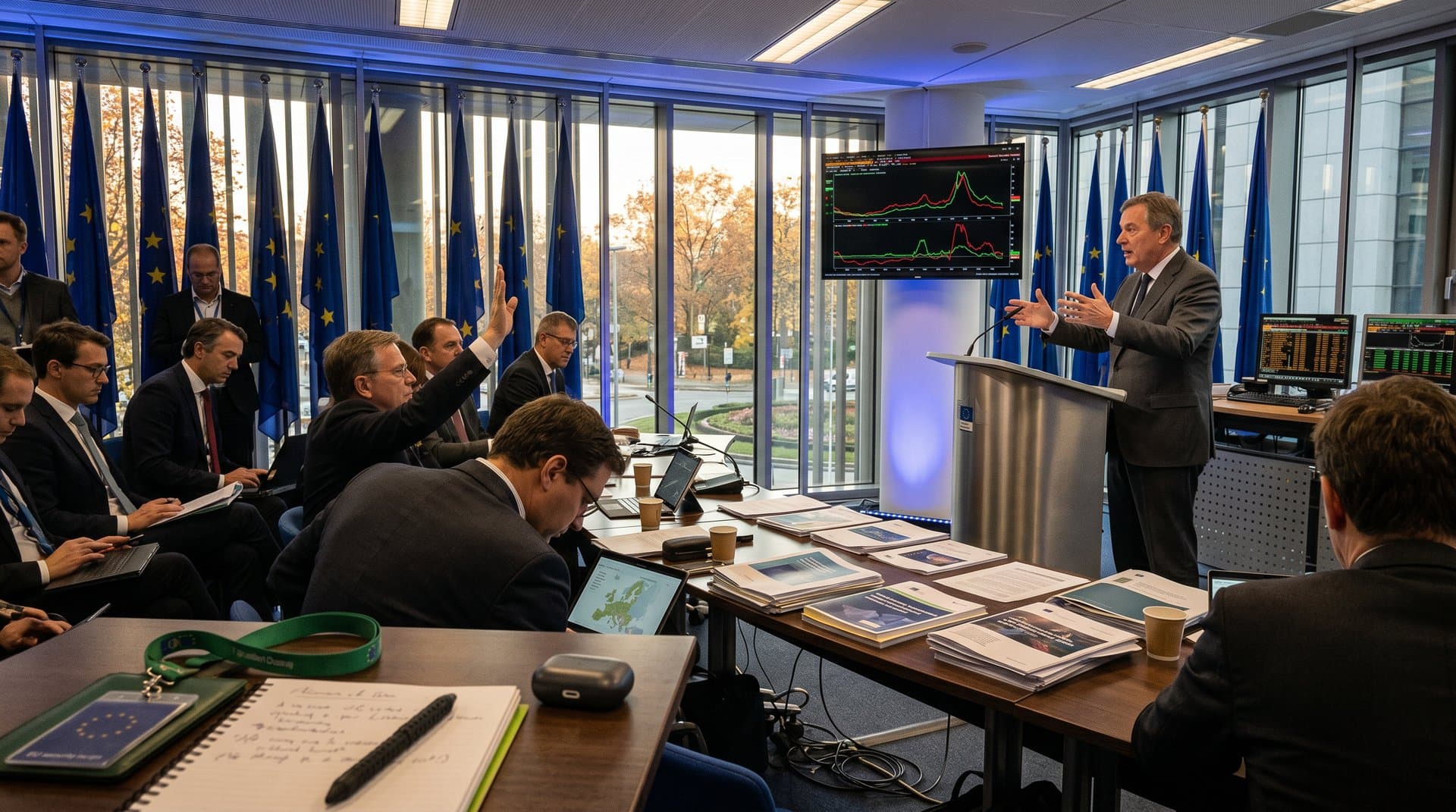 EU Commission screens display crypto energy charts exceeding Green Deal targets, MiCA documents, Bloomberg data