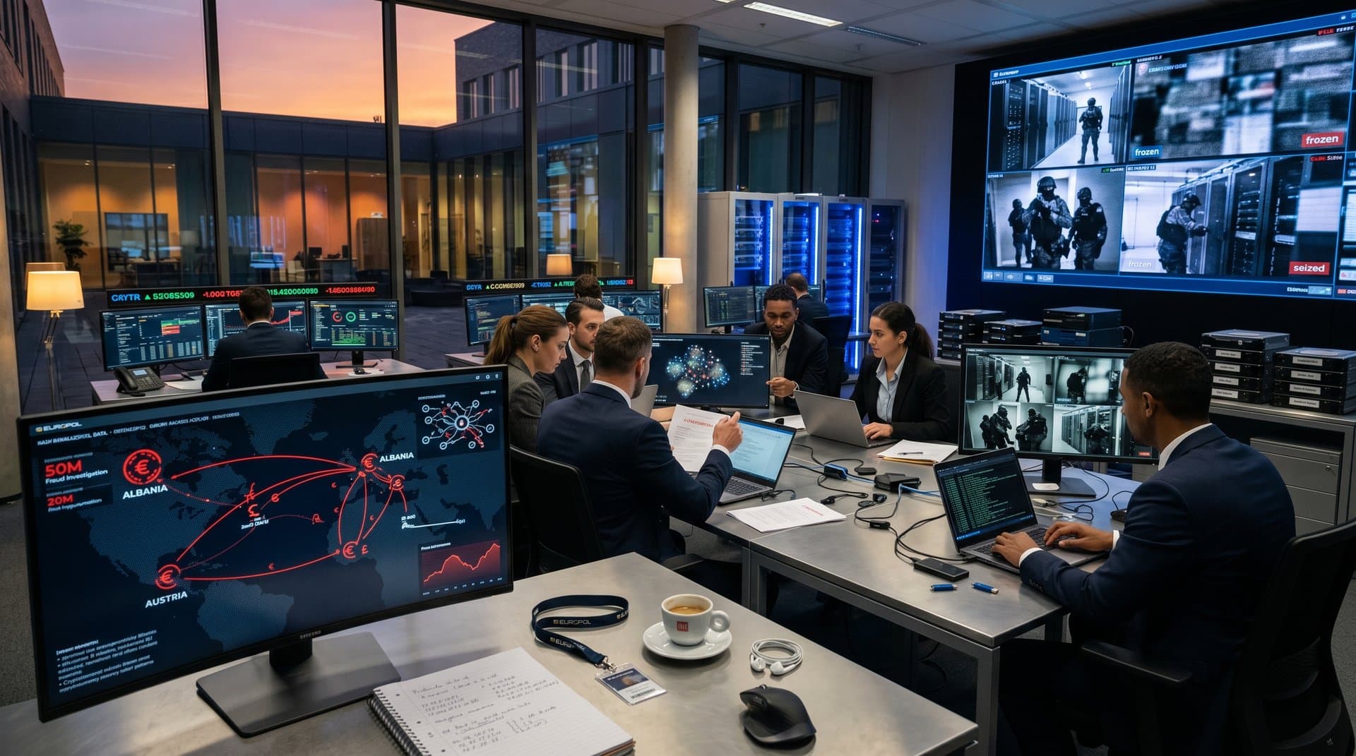 Europol operations center displaying blockchain maps of €50M cryptocurrency fraud ring flows from Austria to Albania