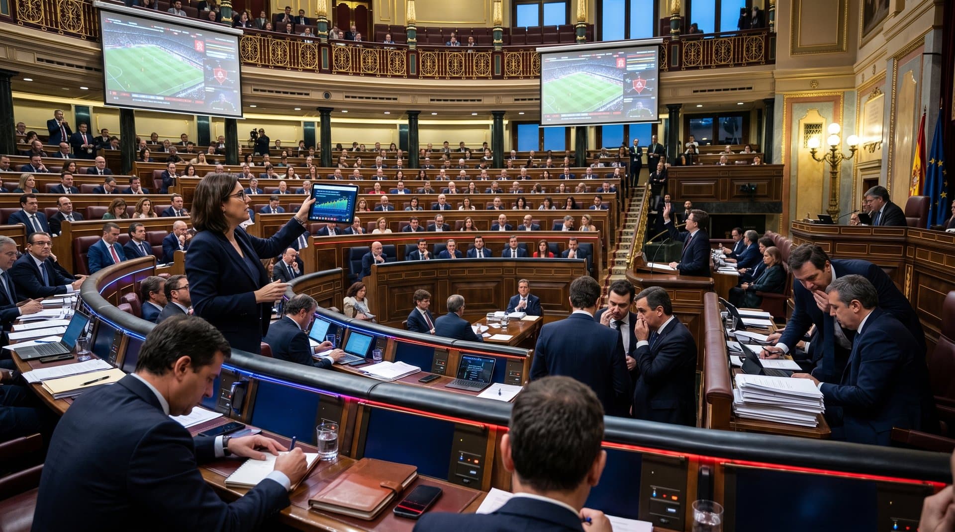 Deputies debate LaLiga IP blocks in Spain's Congress hemicycle with digital IP charts and policy displays