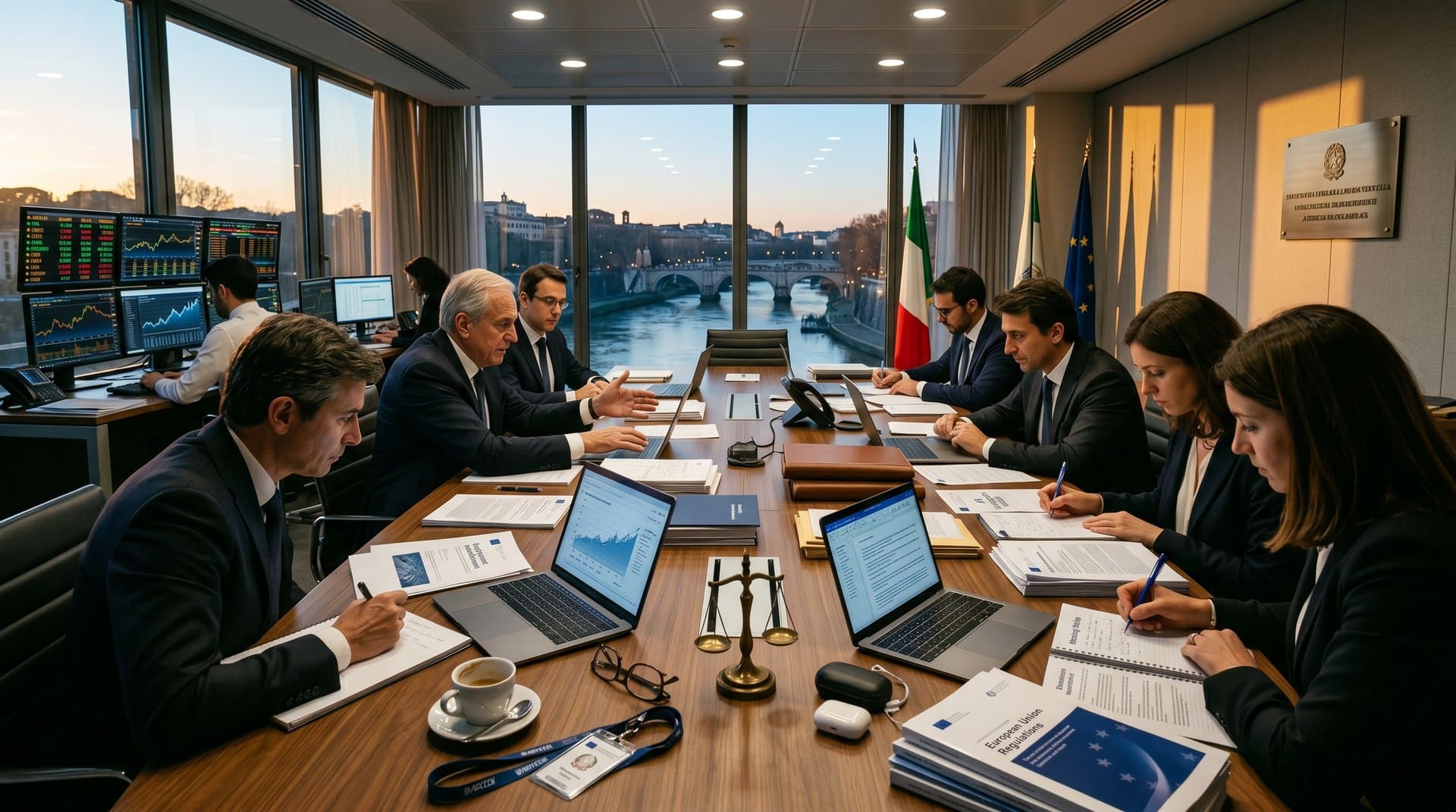 Italian regulatory office with AI probe documents, hallucination charts, and crypto market screens