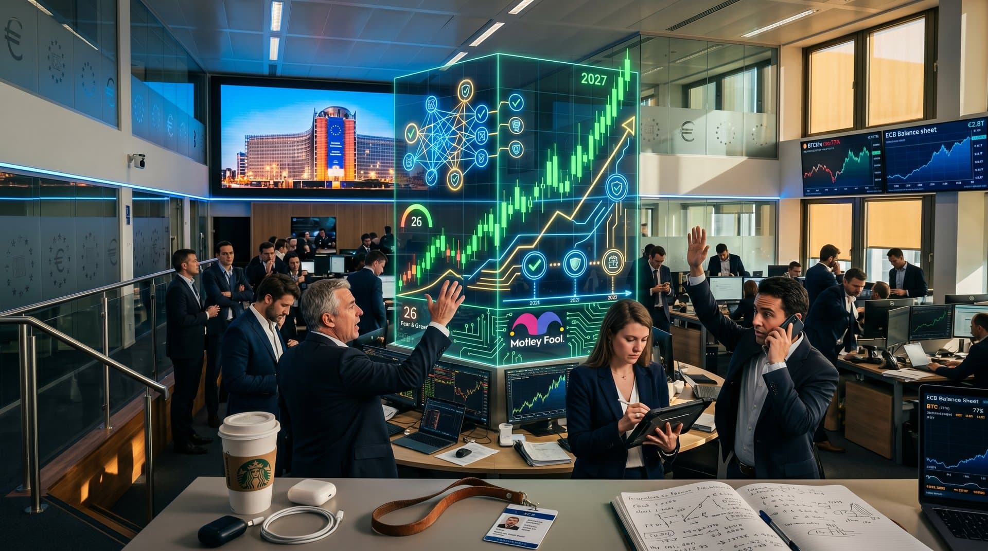 Rising AI stock chart with neural networks and EU flag elements in tech-finance style