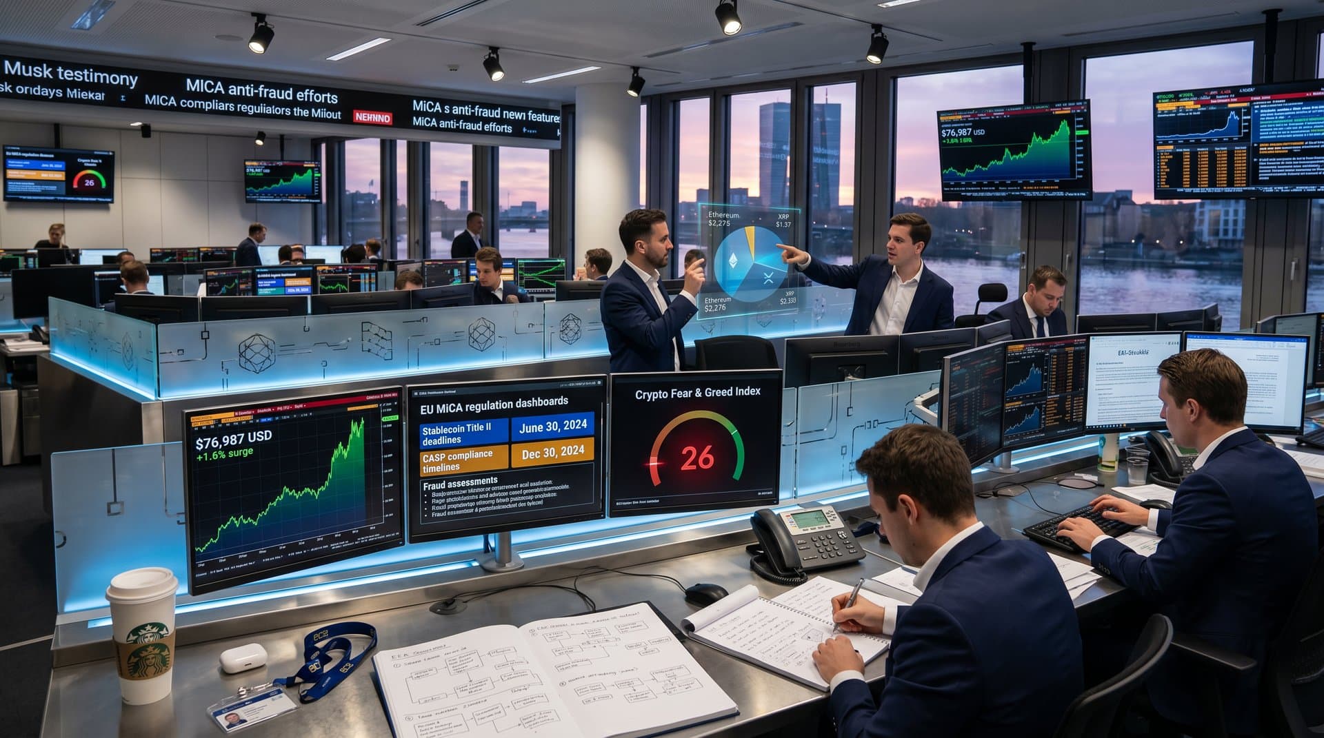 Traders monitor Bitcoin prices and EU MiCA charts on modern terminals in a European finance hub