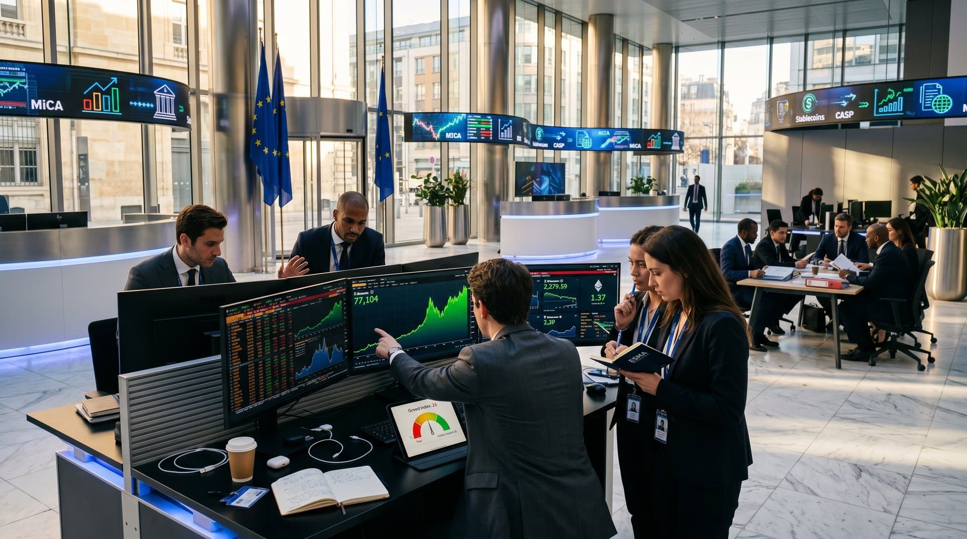 ESMA lobby with analysts reviewing crypto charts and MiCA regulations
