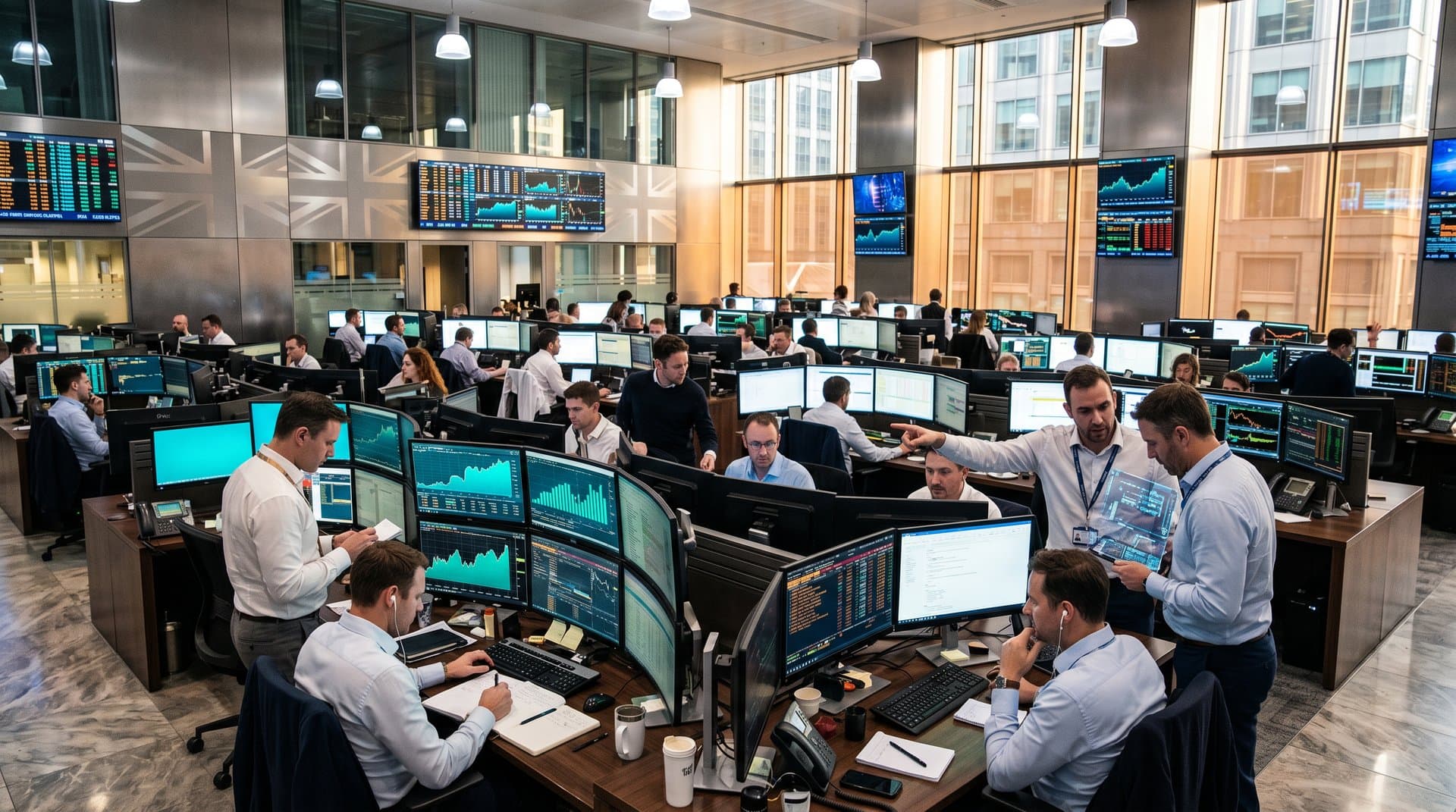 London trading floor with crypto charts, MiCA regs, Fear & Greed Index amid Restore Britain crypto refunds scrutiny