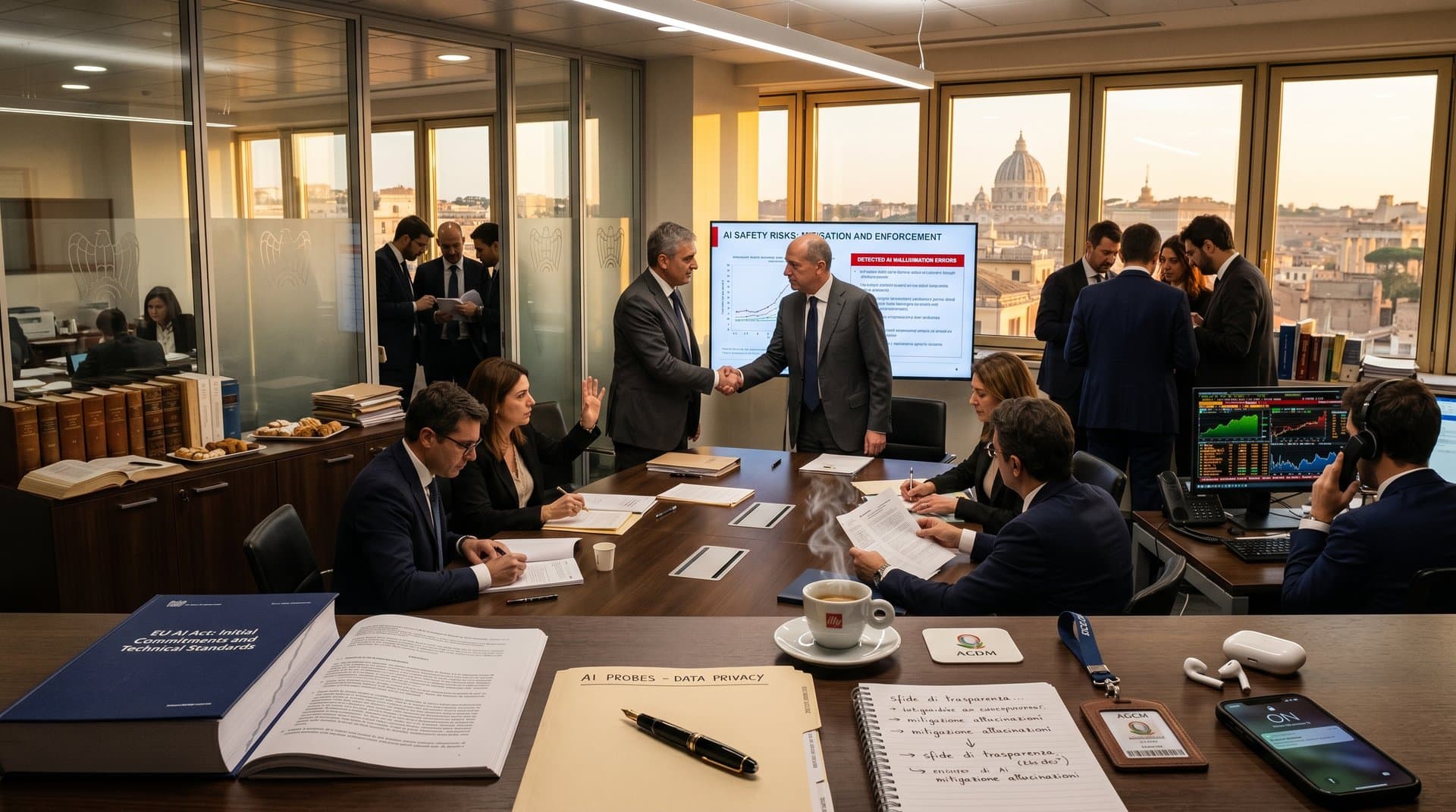 AGCM conference room with officials finalizing AI hallucination commitments amid Rome skyline and tech screens