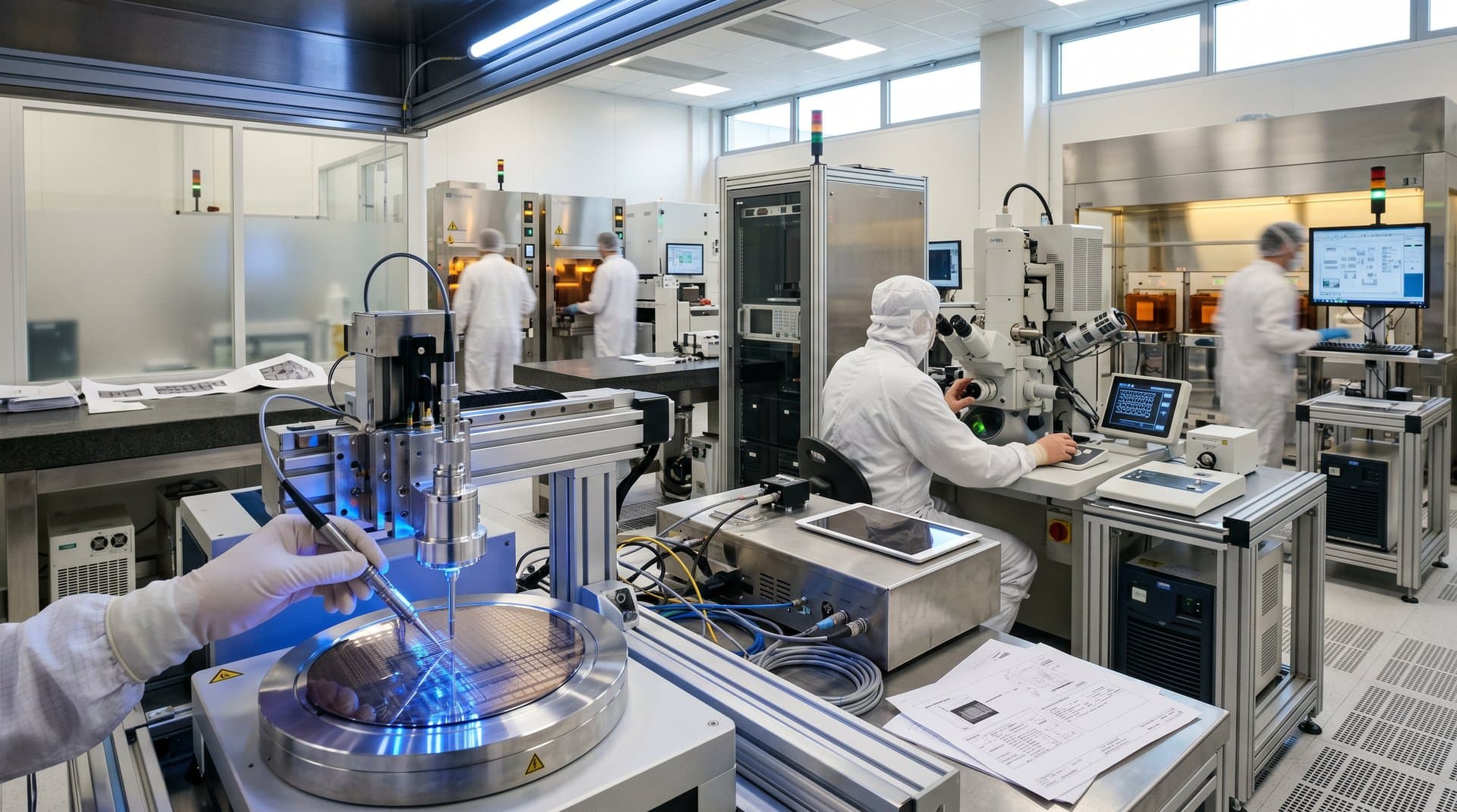 Engineers in smocks inspecting silicon wafers and operating fab tools in IMEC's bustling Leuven cleanroom under LED lights