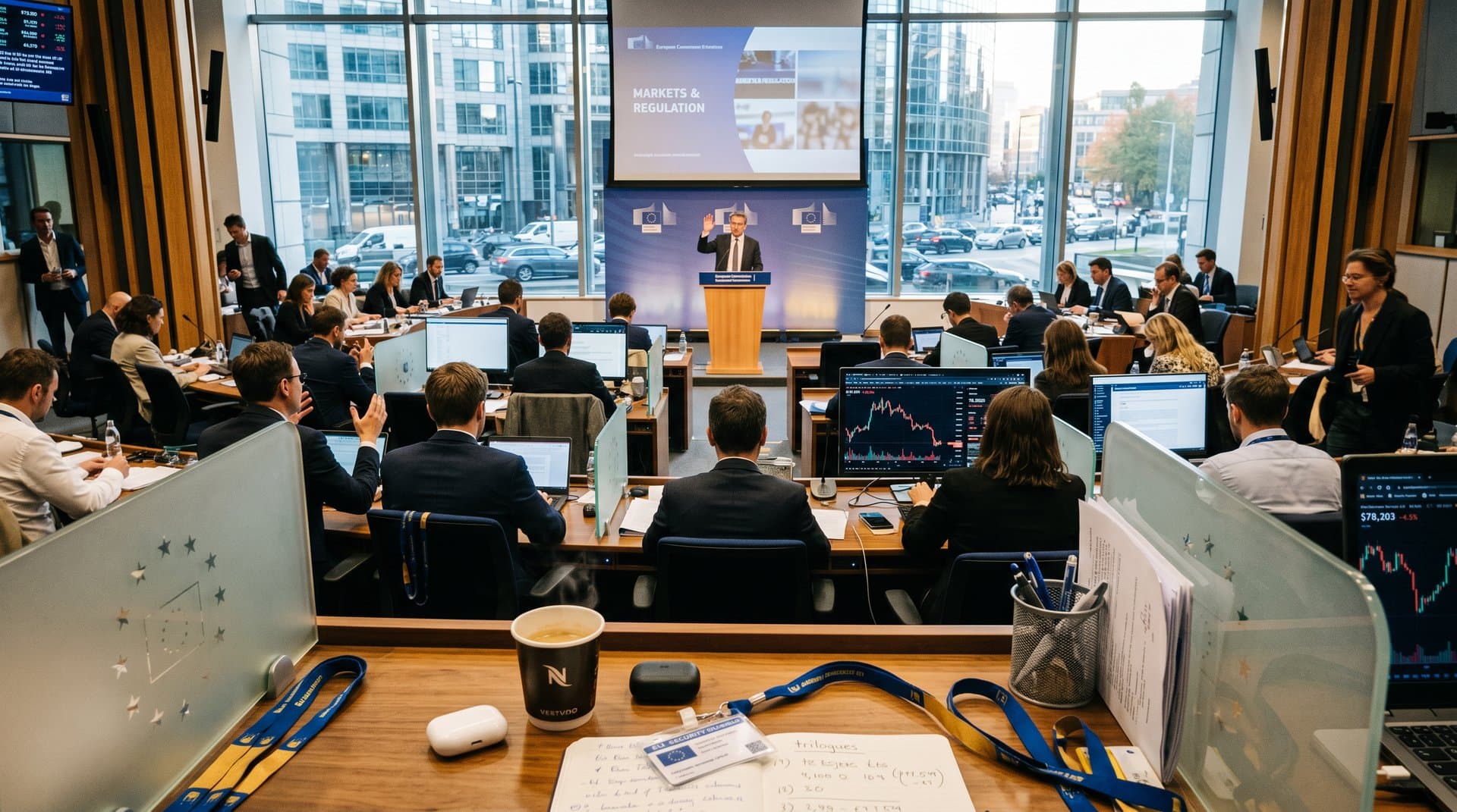 Modern EU Commission press room with desks, monitors showing news and crypto data, glass partitions, and cityscape view