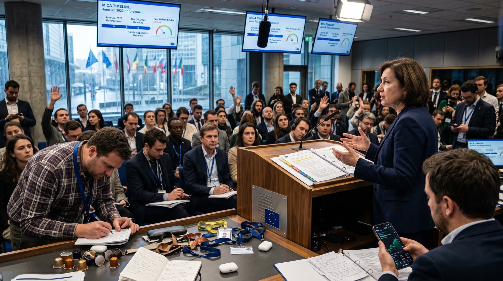 Brussels press room with MiCA timelines, crypto prices BTC $78,502, Fear & Greed 26, EU regulatory setup