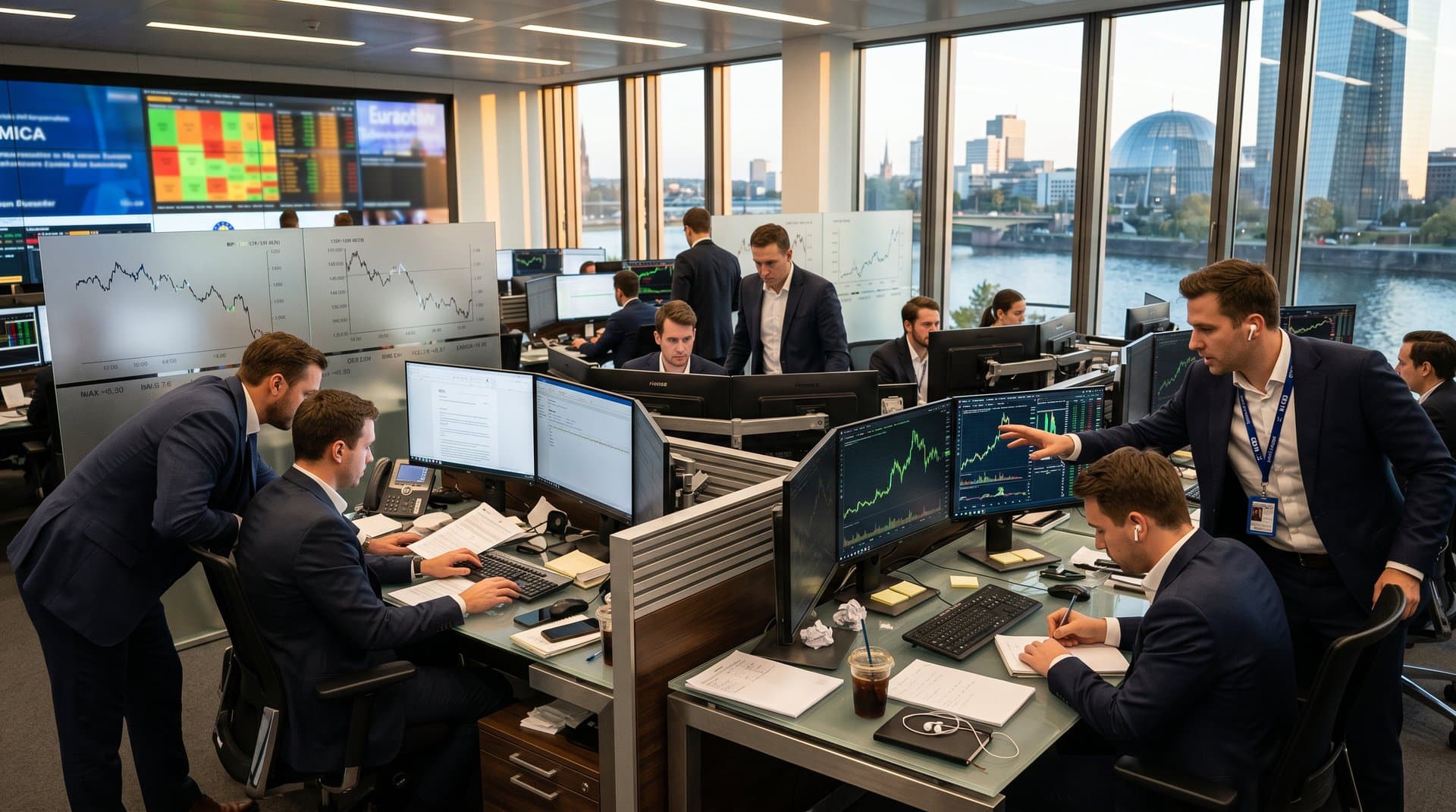 Traders at Bloomberg terminals in Deutsche Bank room with BTC and ETH charts rising on multi-monitors amid Frankfurt skyline view