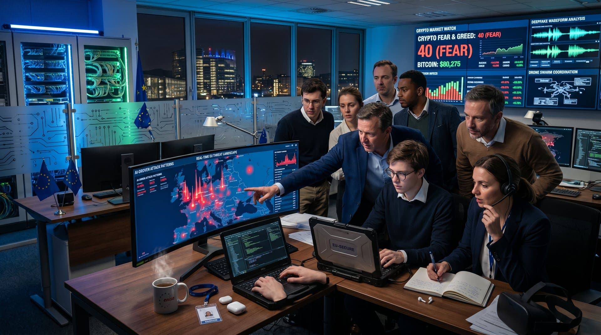Cyber analysts monitor AI security risks on screens in modern operations center with threat dashboards and holographic displays