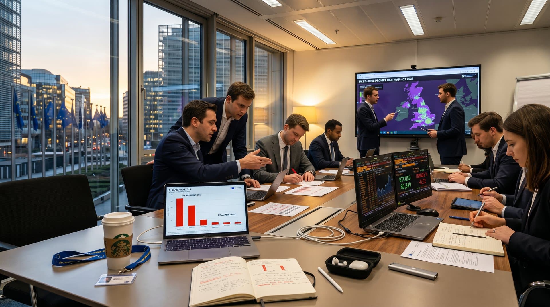 EU Commission room with AI bias charts on screen amid market terminals
