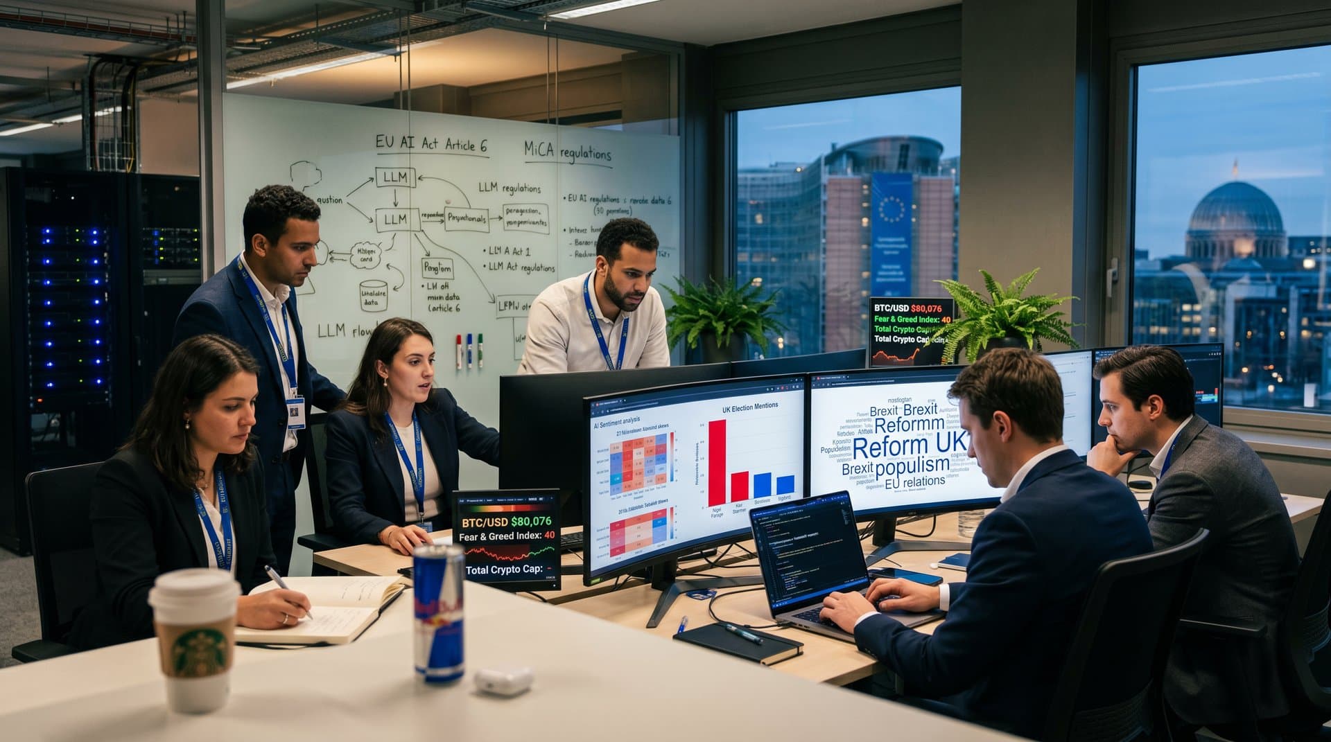 Researchers analyzing AI political bias charts on screens in a modern European tech lab with whiteboard discussions