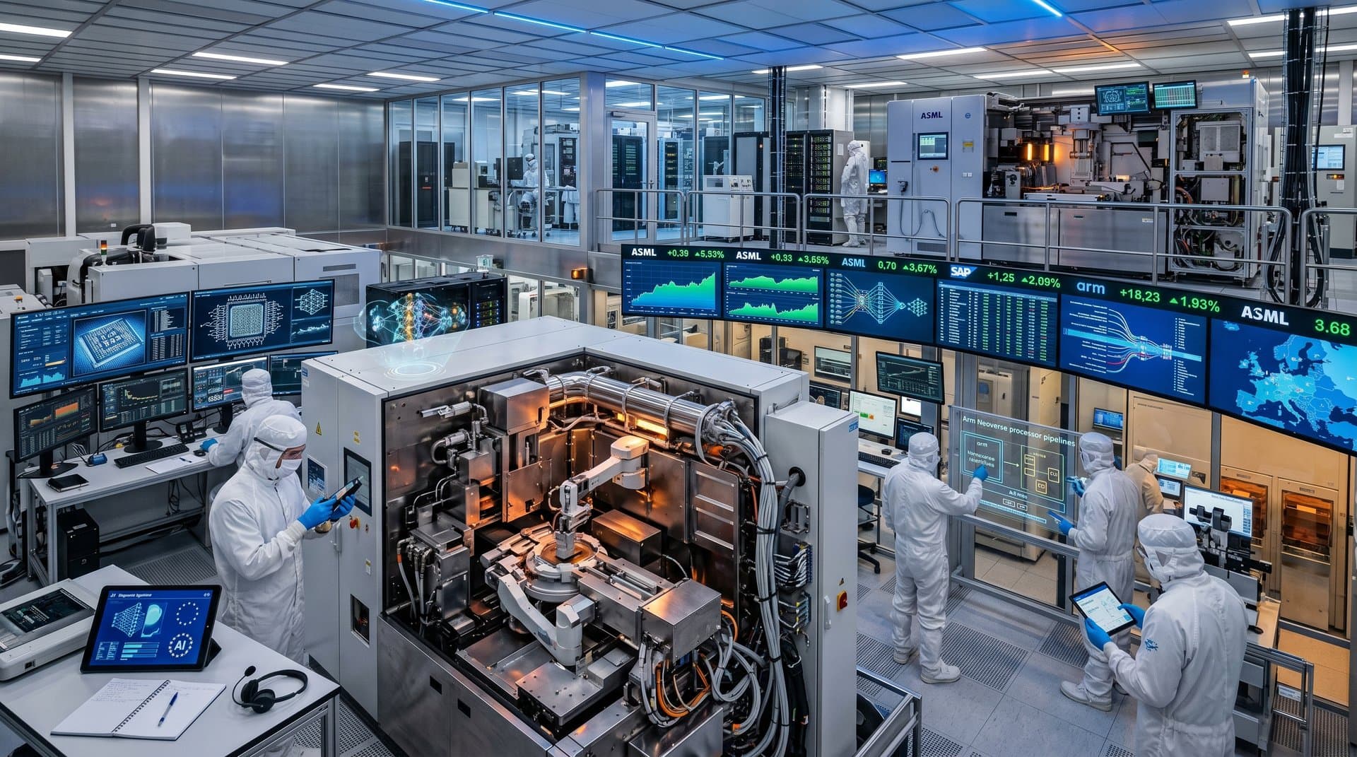ASML cleanroom with EUV machines, AI holograms, rising EU AI Act AI stocks tickers, and Bitcoin charts under blue lights