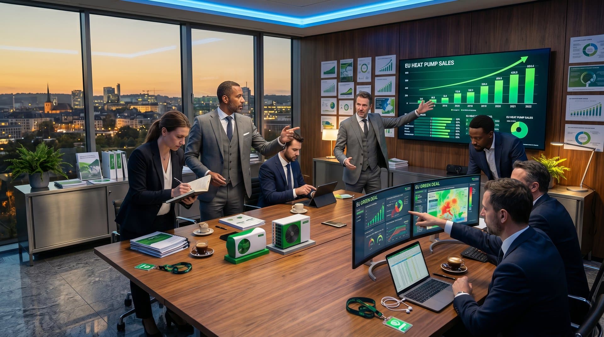 Bank boardroom screen shows surging heat pump sales charts amid EU Green Deal reports and renewable energy models