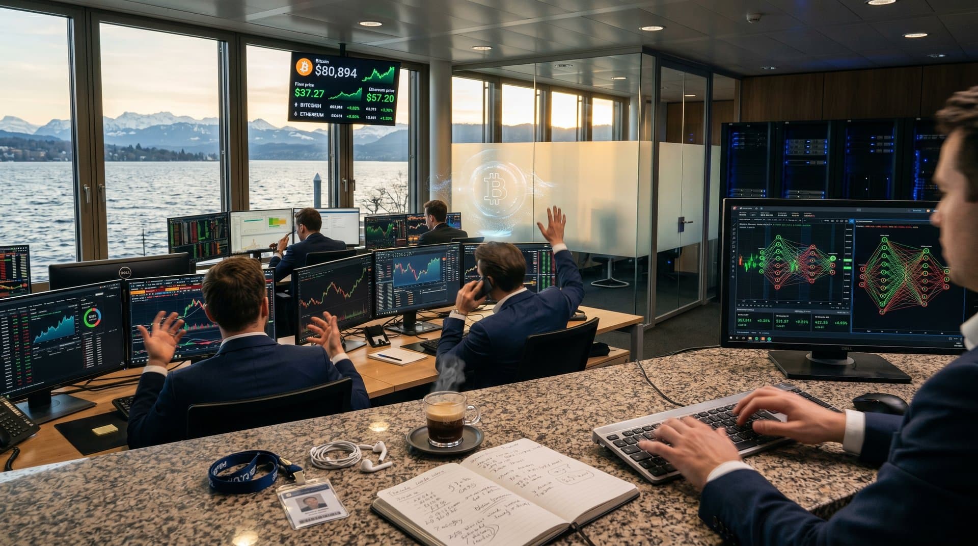 AI-driven trading floor in Zurich with crypto charts overlooking Lake Zurich