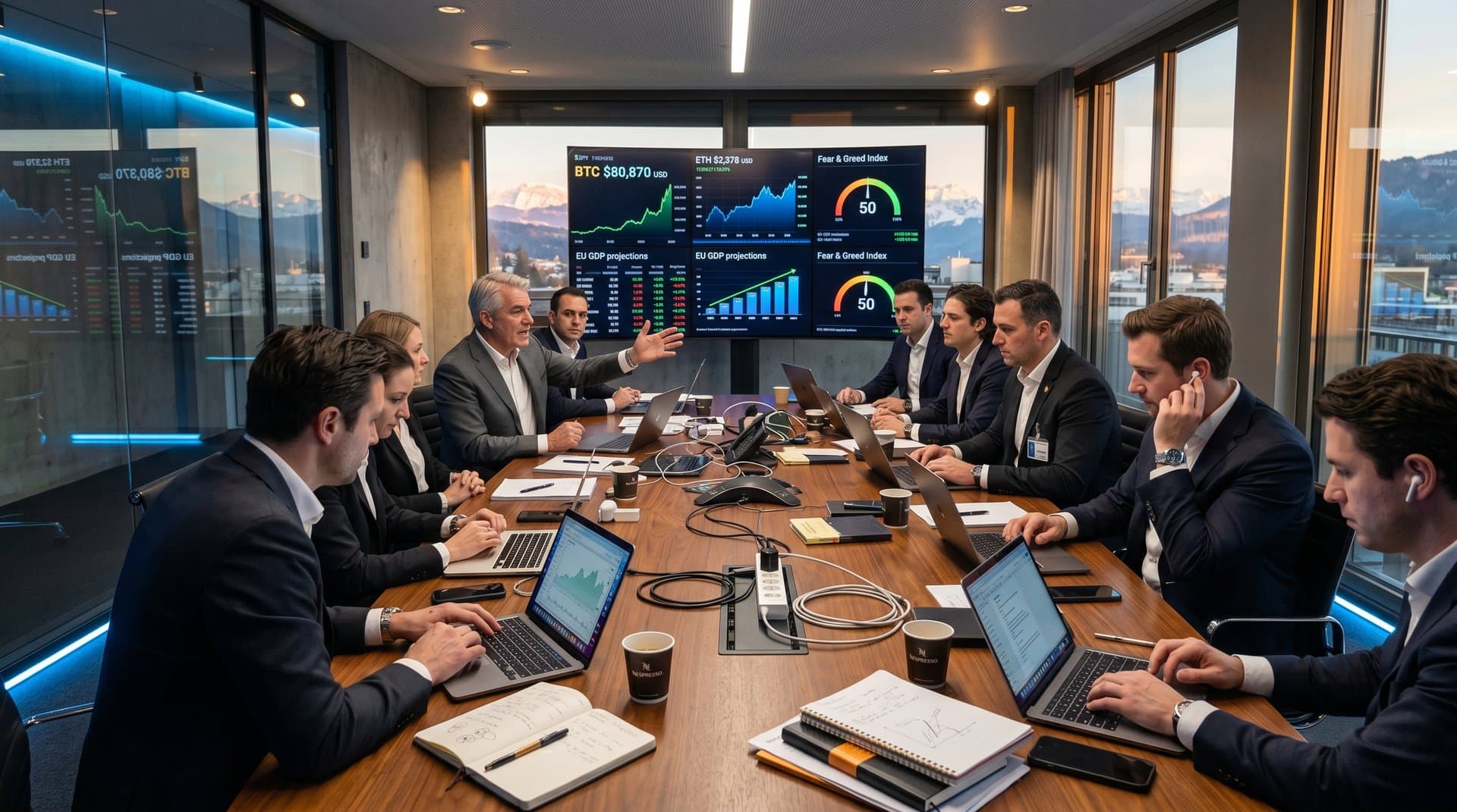 High-tech boardroom with AI neural graphs, Bitcoin charts at $80,870, GDP projections on video wall, and Swiss Alps view (92 chars)