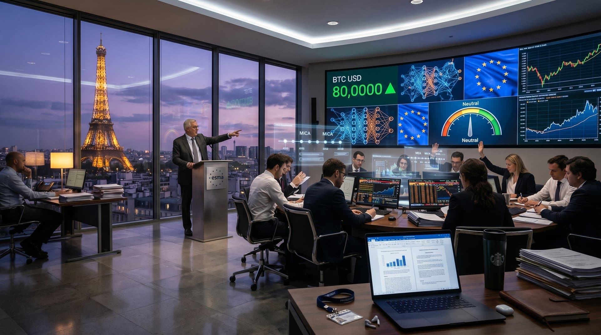 ESMA regulators and journalists analyze SDNY crypto judgment and MiCA charts in Paris conference room