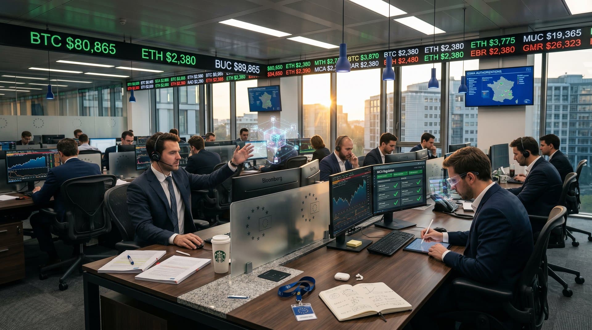Modern trading floor with Bloomberg terminals showing MiCA smart contract charts, compliance dashboards, and crypto prices under Rhine Valley light